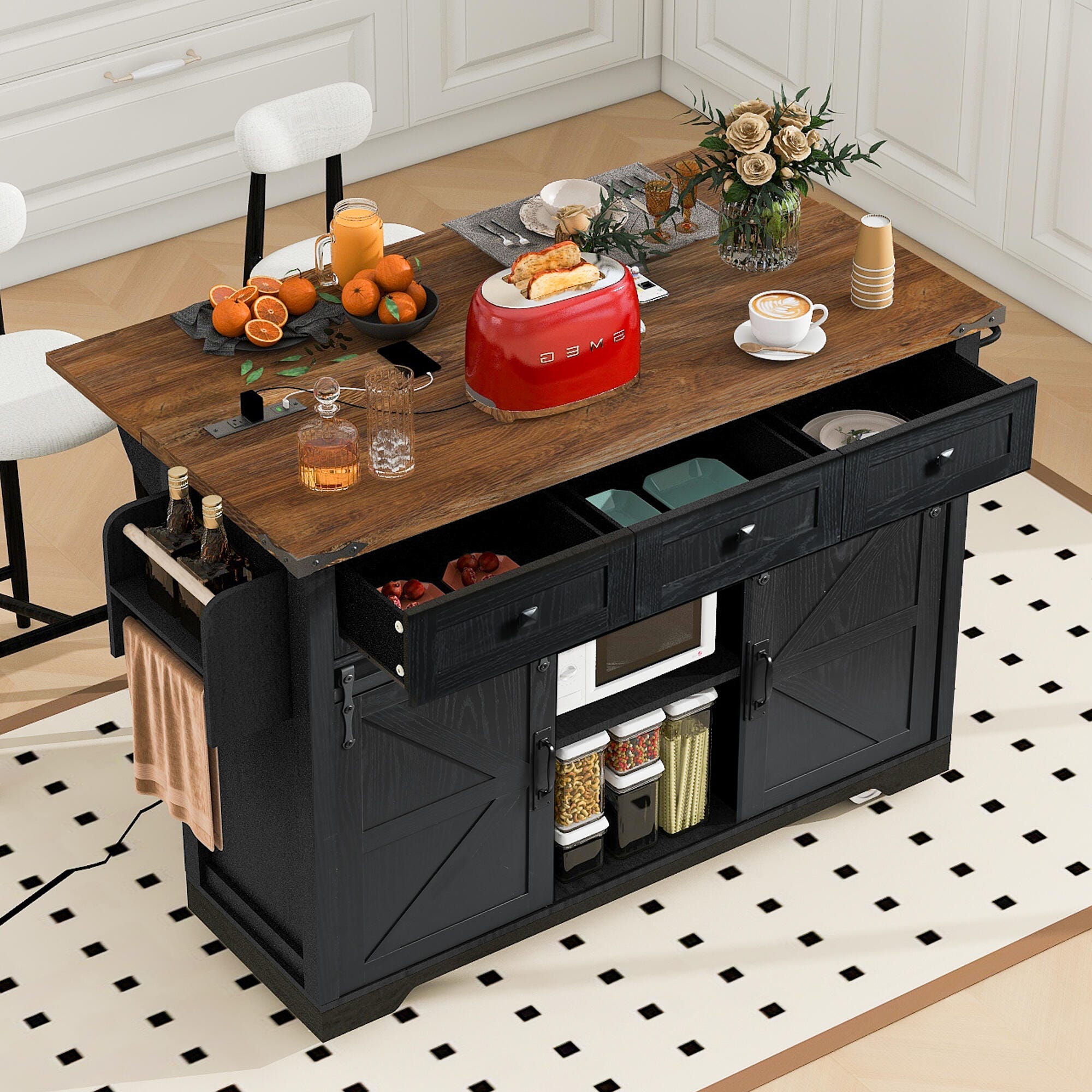 Dovelina Kiopy Kitchen Island with Power Outlet, Black, large