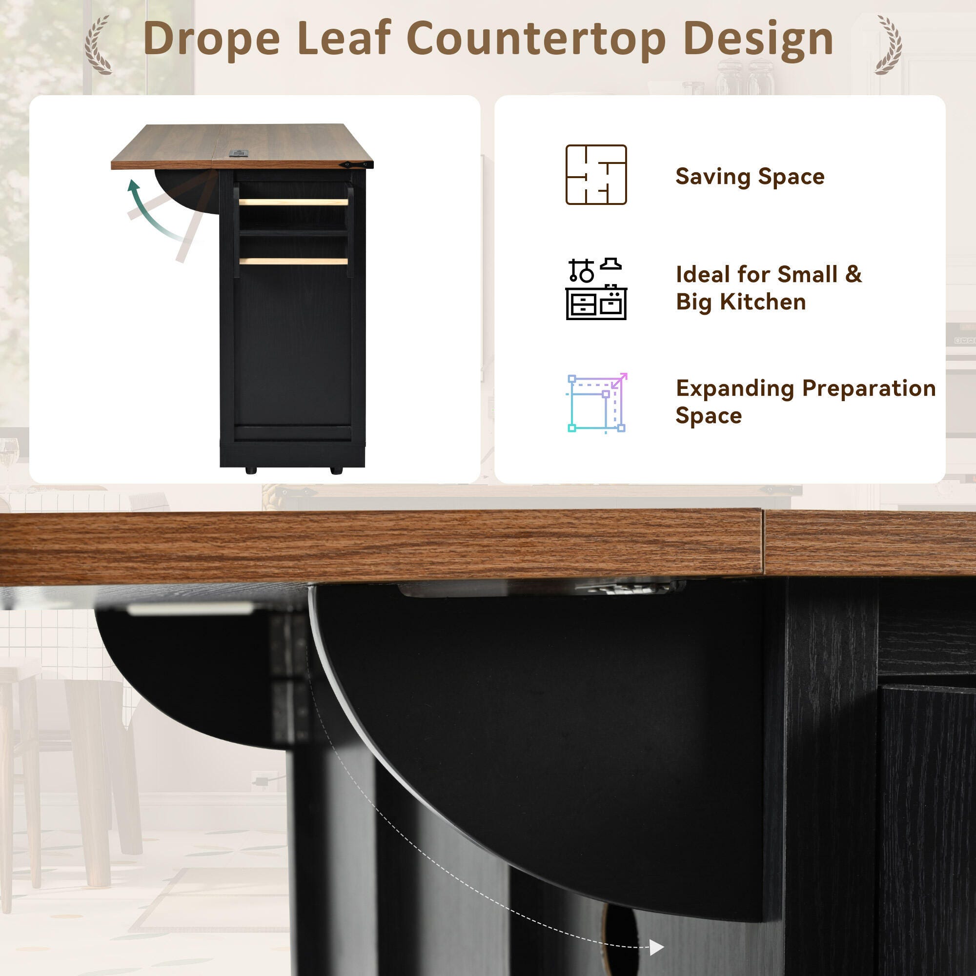 Dovelina Kiopy Kitchen Island with Power Outlet, Black, large