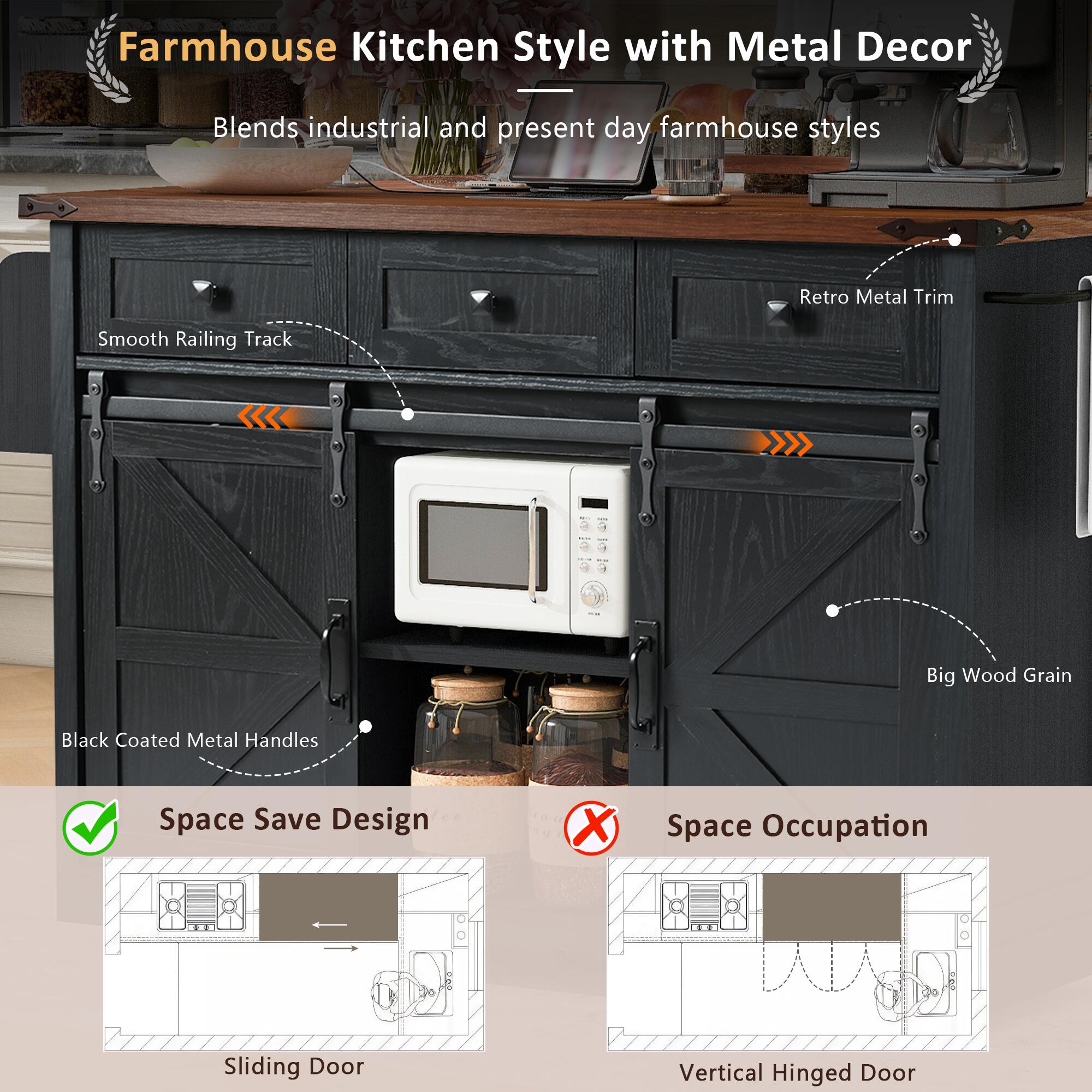 Dovelina Kiopy Kitchen Island with Power Outlet, Black, large