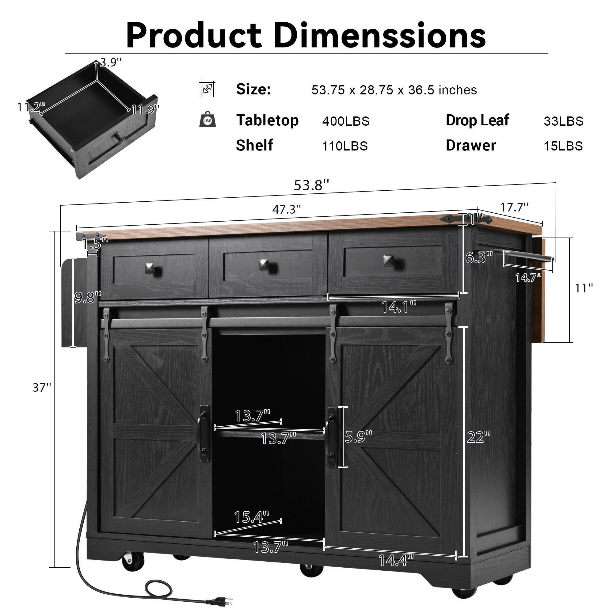 Dovelina Kiopy Kitchen Island with Power Outlet, Black, large