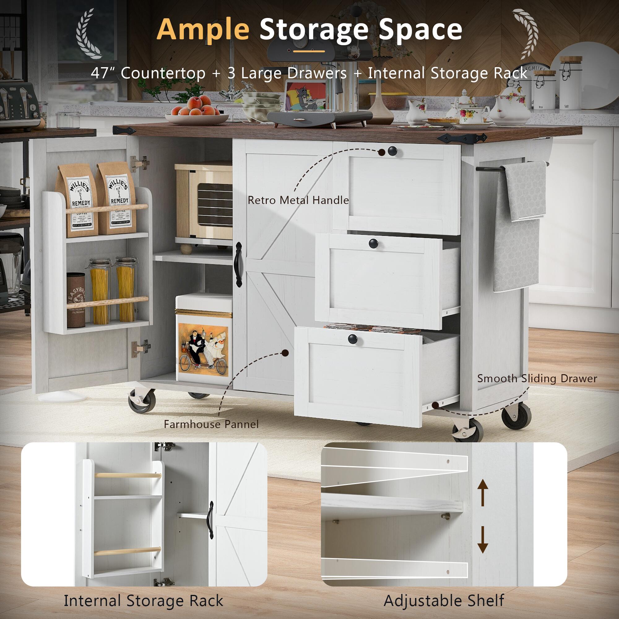 Dovelina Kiopy Kitchen Storage Island with Internal Storage Rack, White, large