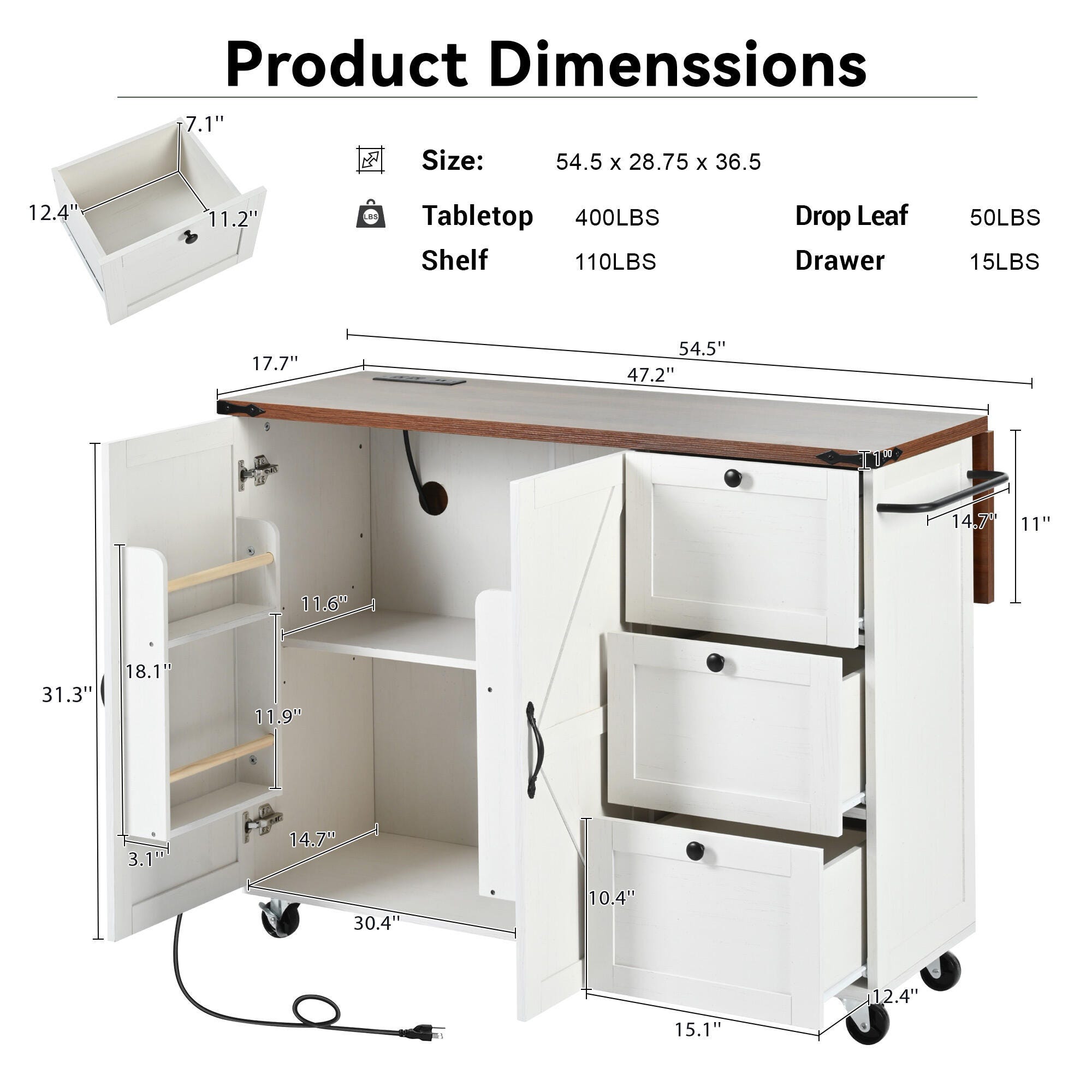 Dovelina Kiopy Kitchen Storage Island with Internal Storage Rack
