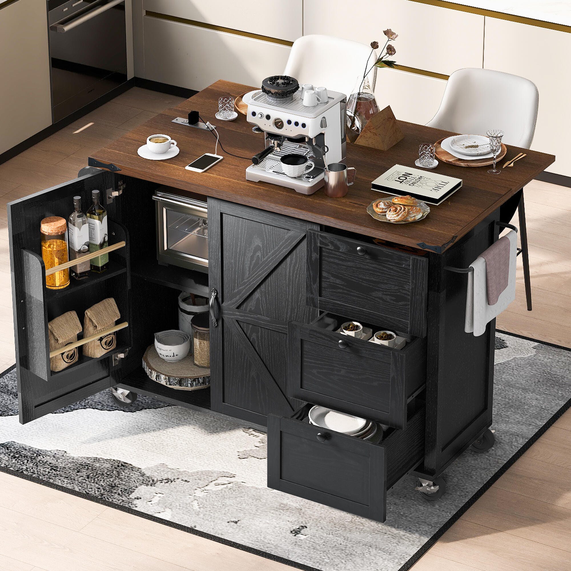 Dovelina Kiopy Kitchen Storage Island with Internal Storage Rack, Black, large