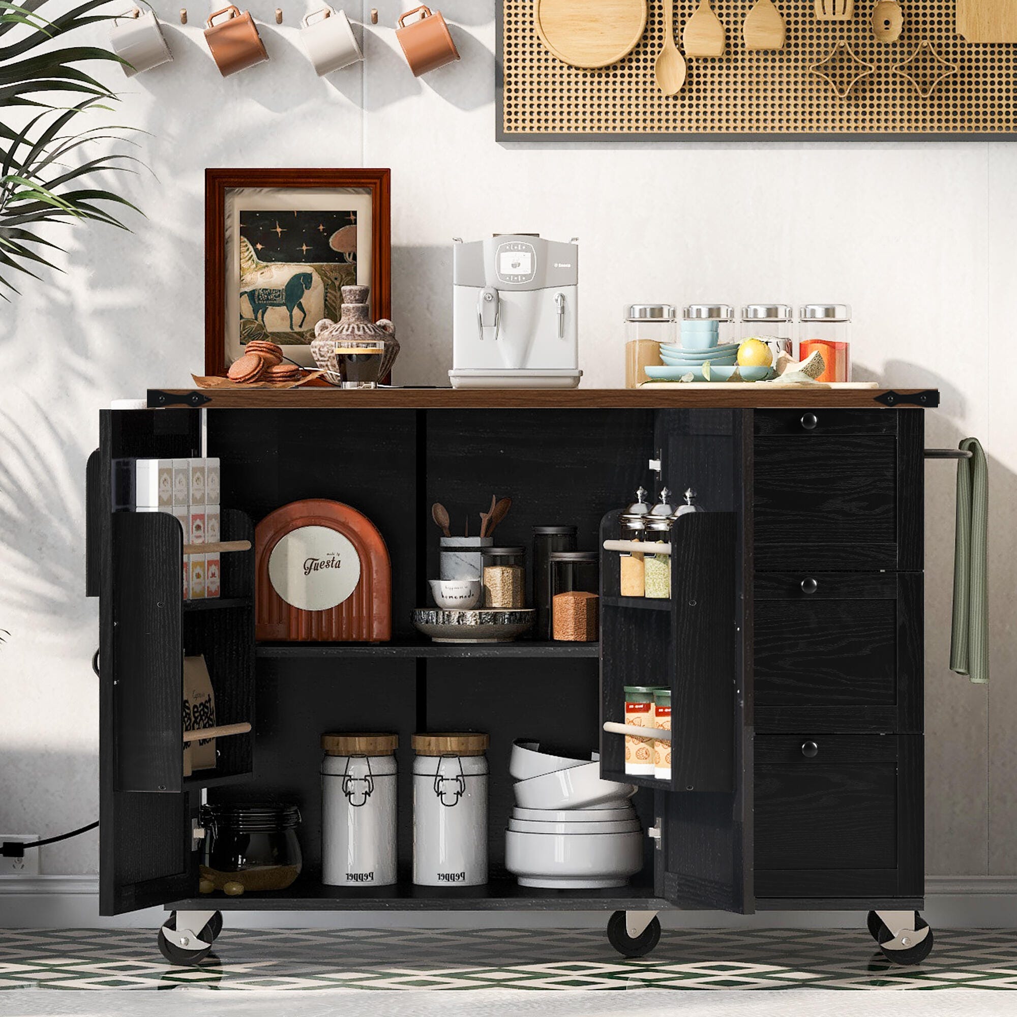 Dovelina Kiopy Kitchen Storage Island with Internal Storage Rack, Black, large