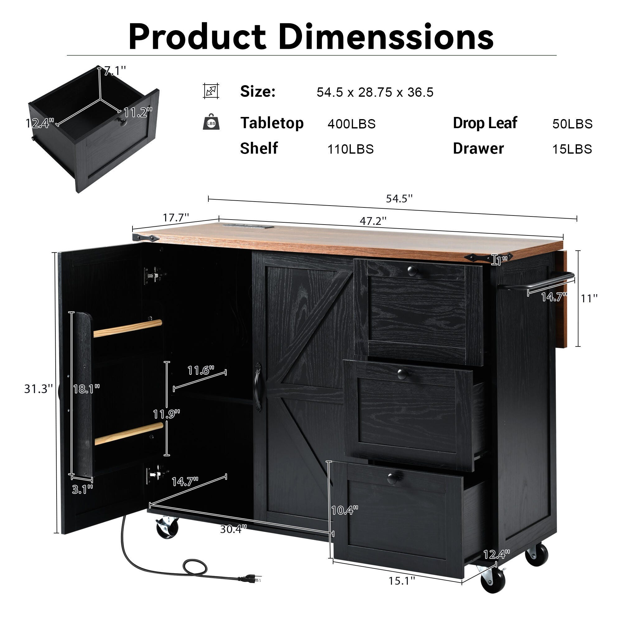 Dovelina Kiopy Kitchen Storage Island with Internal Storage Rack, Black, large