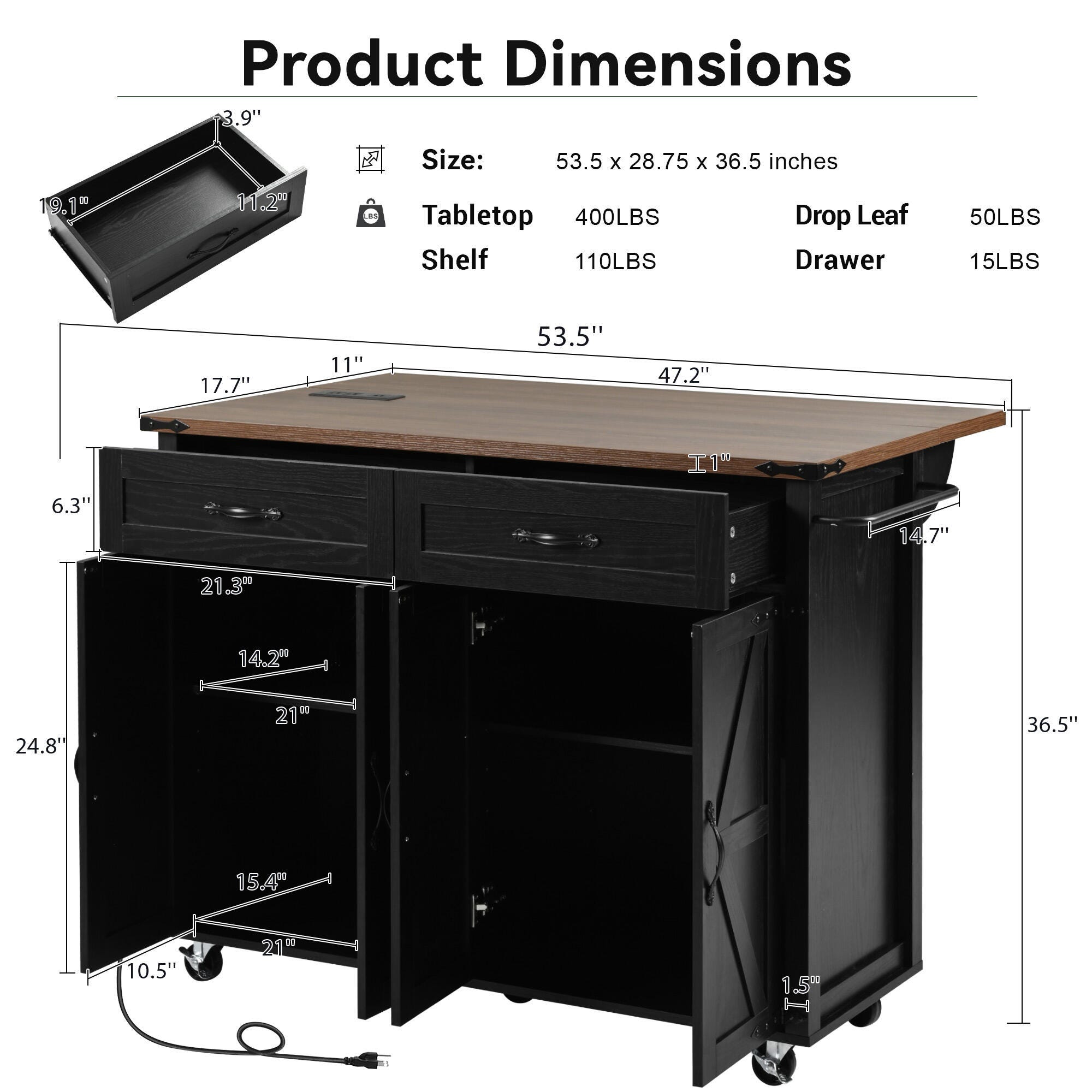 Dovelina Kiopy Rolling Kitchen Cart on Wheels, Black, large