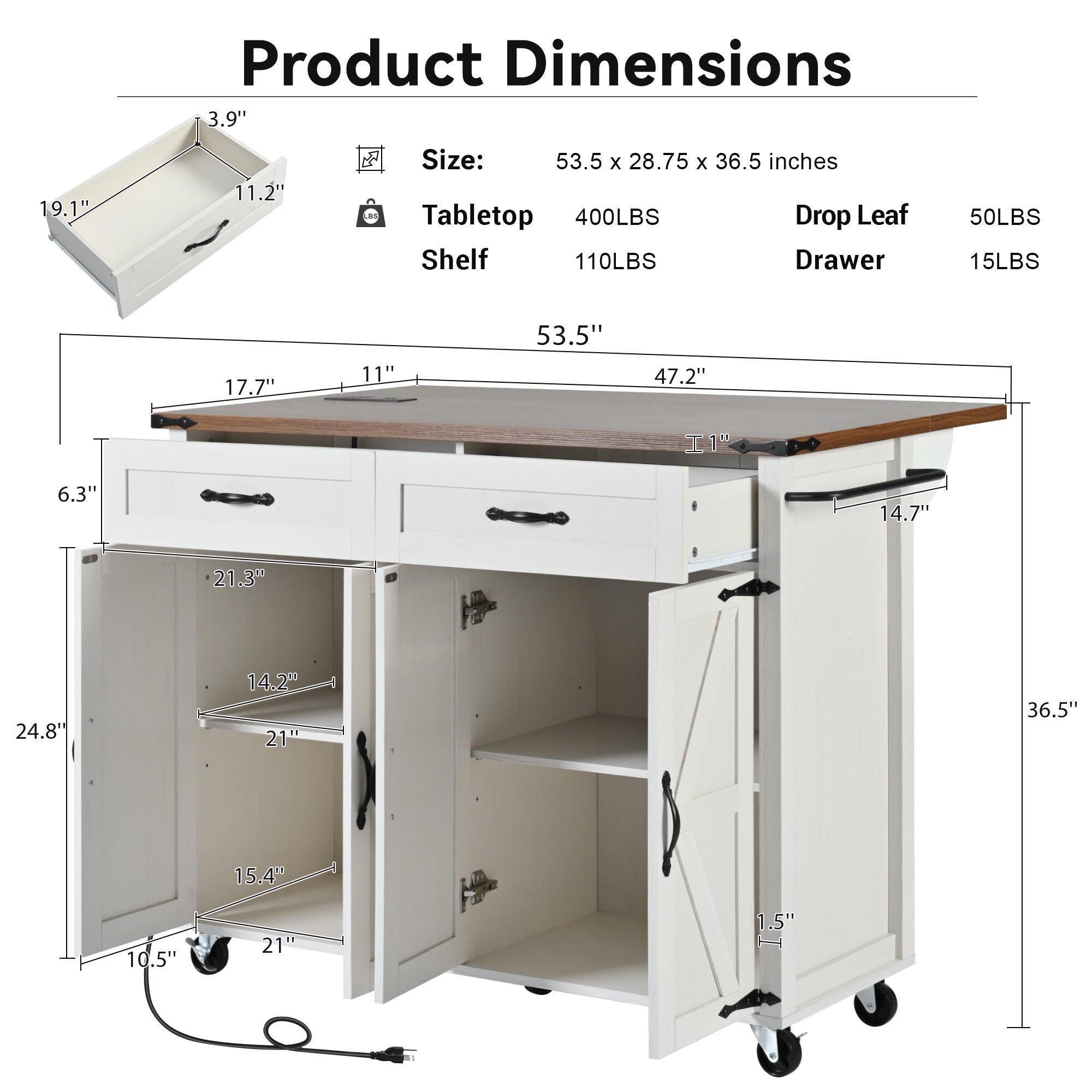 Dovelina Kiopy Rolling Kitchen Cart on Wheels, White, large