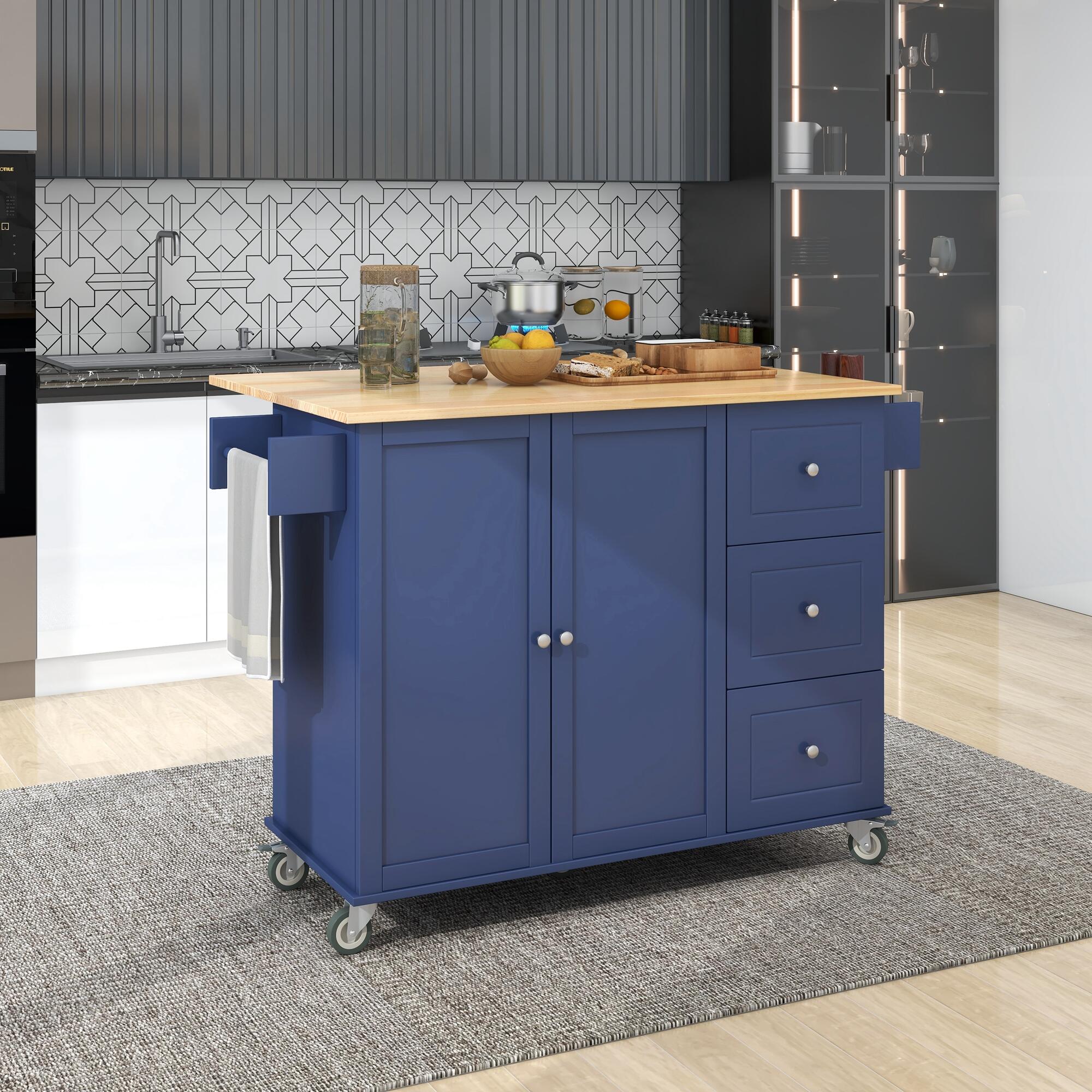 Dovelina Kiopy Rolling Mobile Kitchen Island with Solid Wood Top, Blue, rollover
