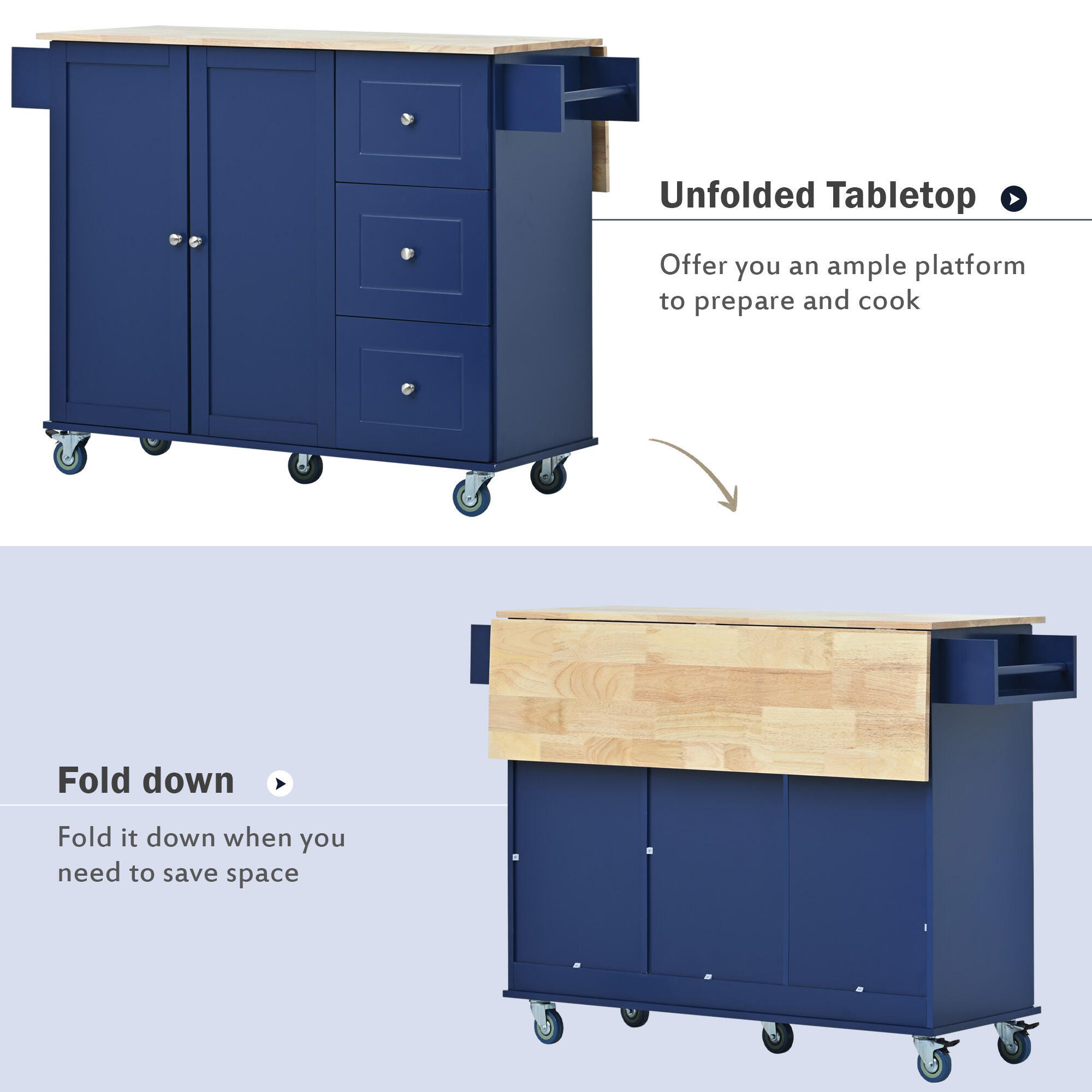 Dovelina Kiopy Rolling Mobile Kitchen Island with Solid Wood Top, Blue, large