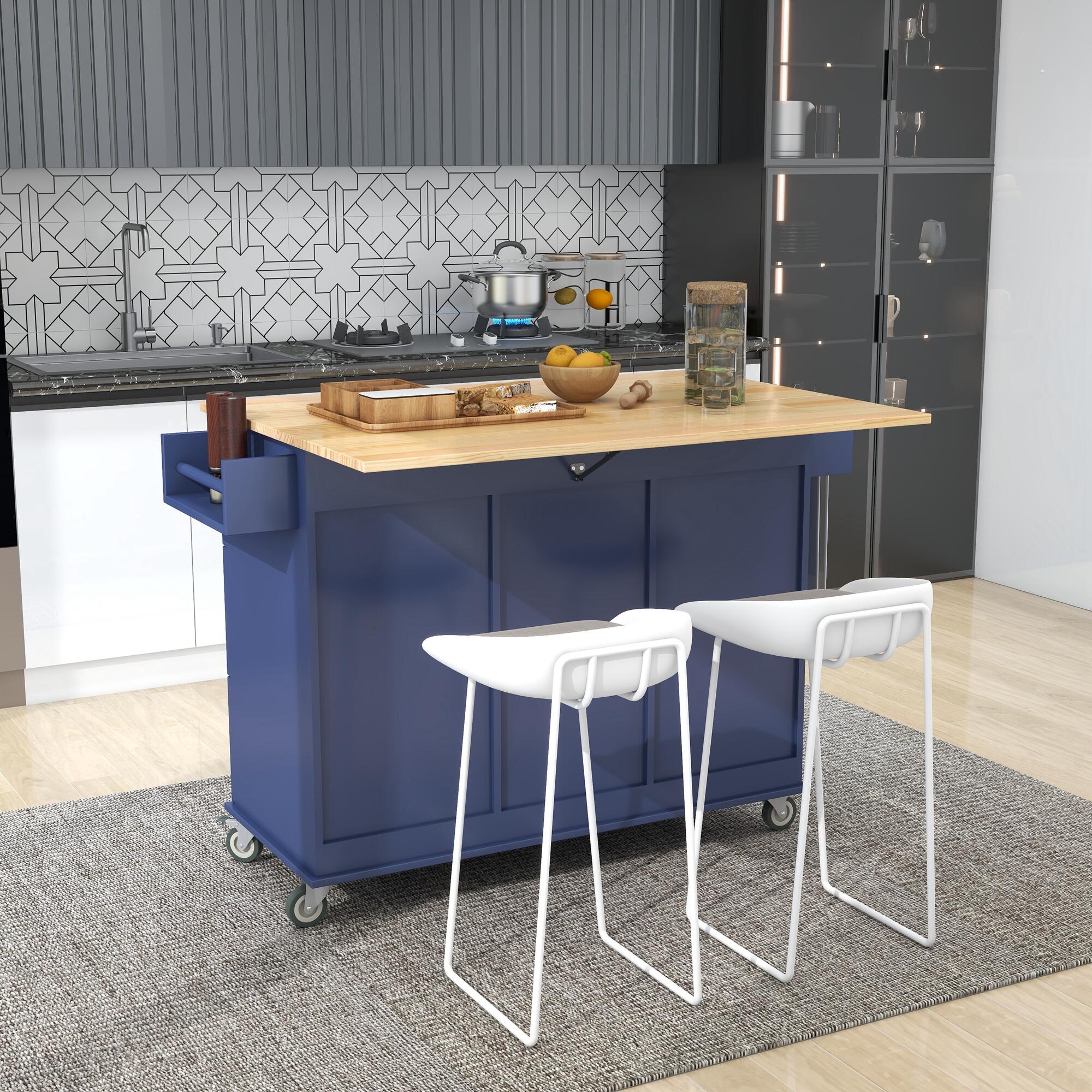 Dovelina Kiopy Rolling Mobile Kitchen Island with Solid Wood Top, Blue, large