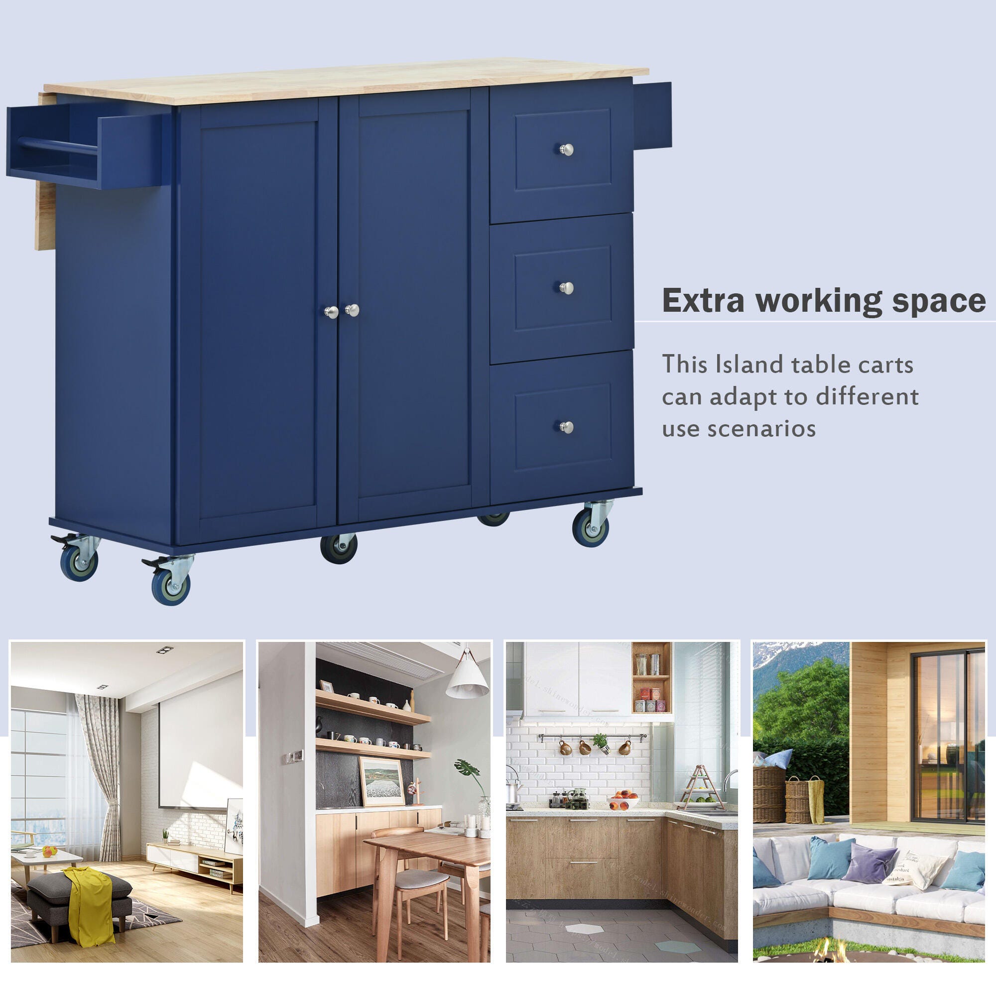 Dovelina Kiopy Rolling Mobile Kitchen Island with Solid Wood Top, Blue, large