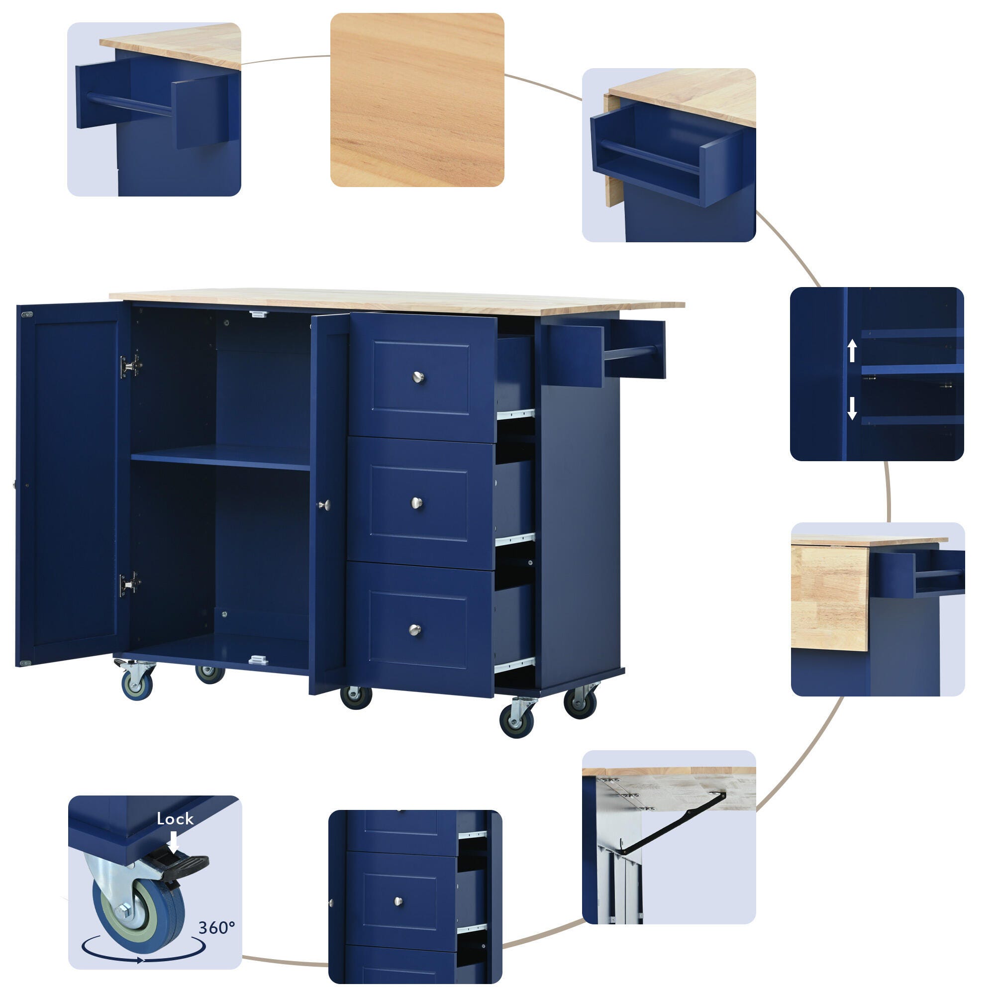 Dovelina Kiopy Rolling Mobile Kitchen Island with Solid Wood Top, Blue, large