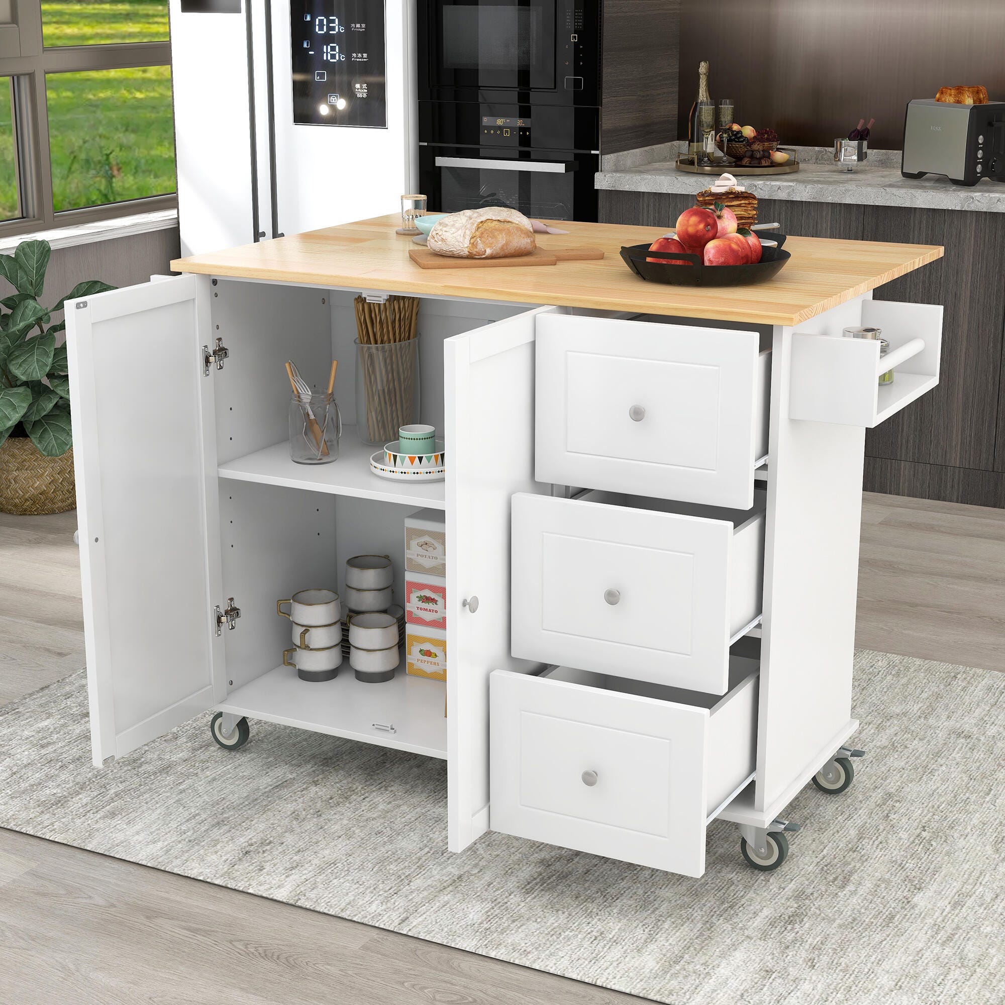 Dovelina Kiopy Rolling Mobile Kitchen Island with Solid Wood Top, White, rollover