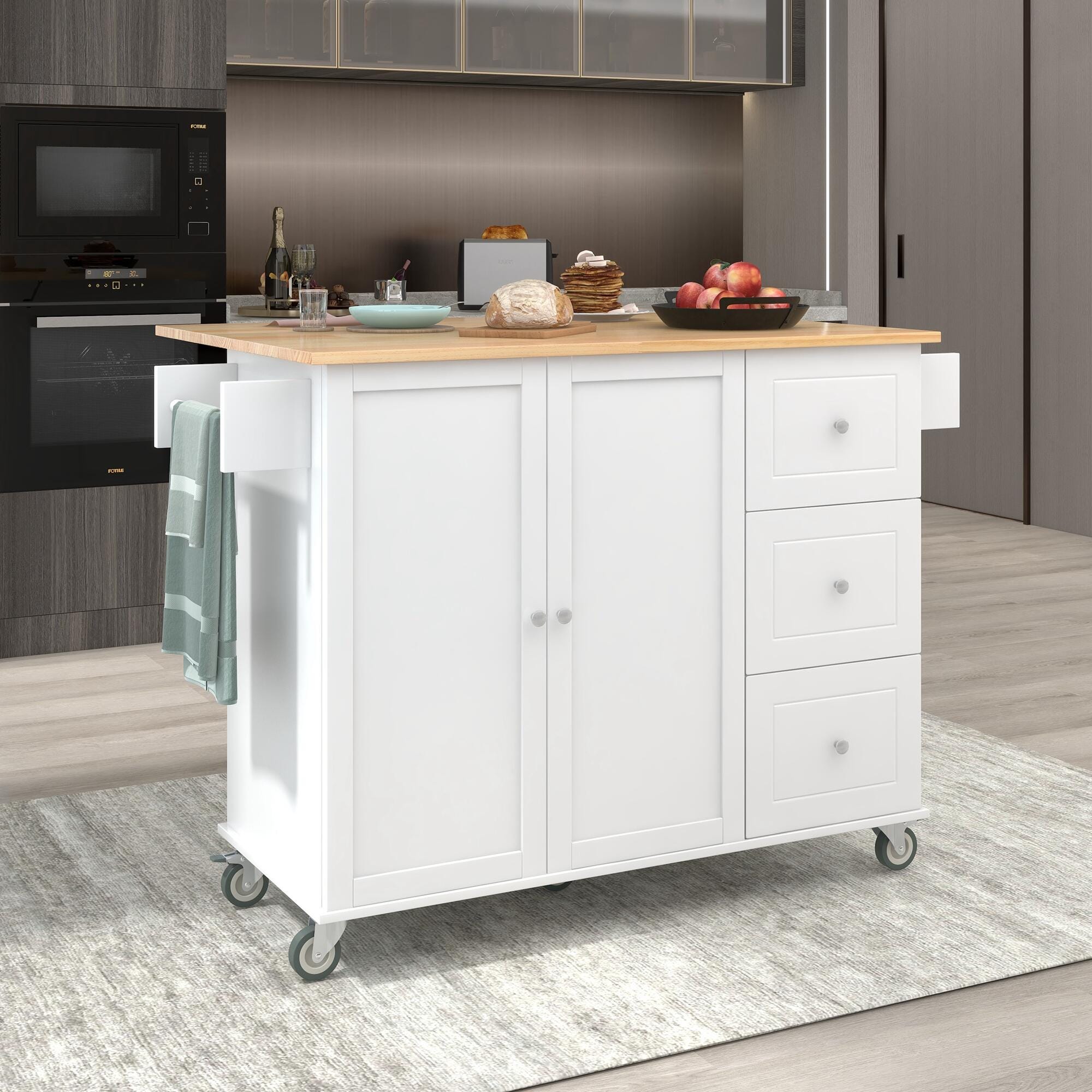 Dovelina Kiopy Rolling Mobile Kitchen Island with Solid Wood Top, White, large