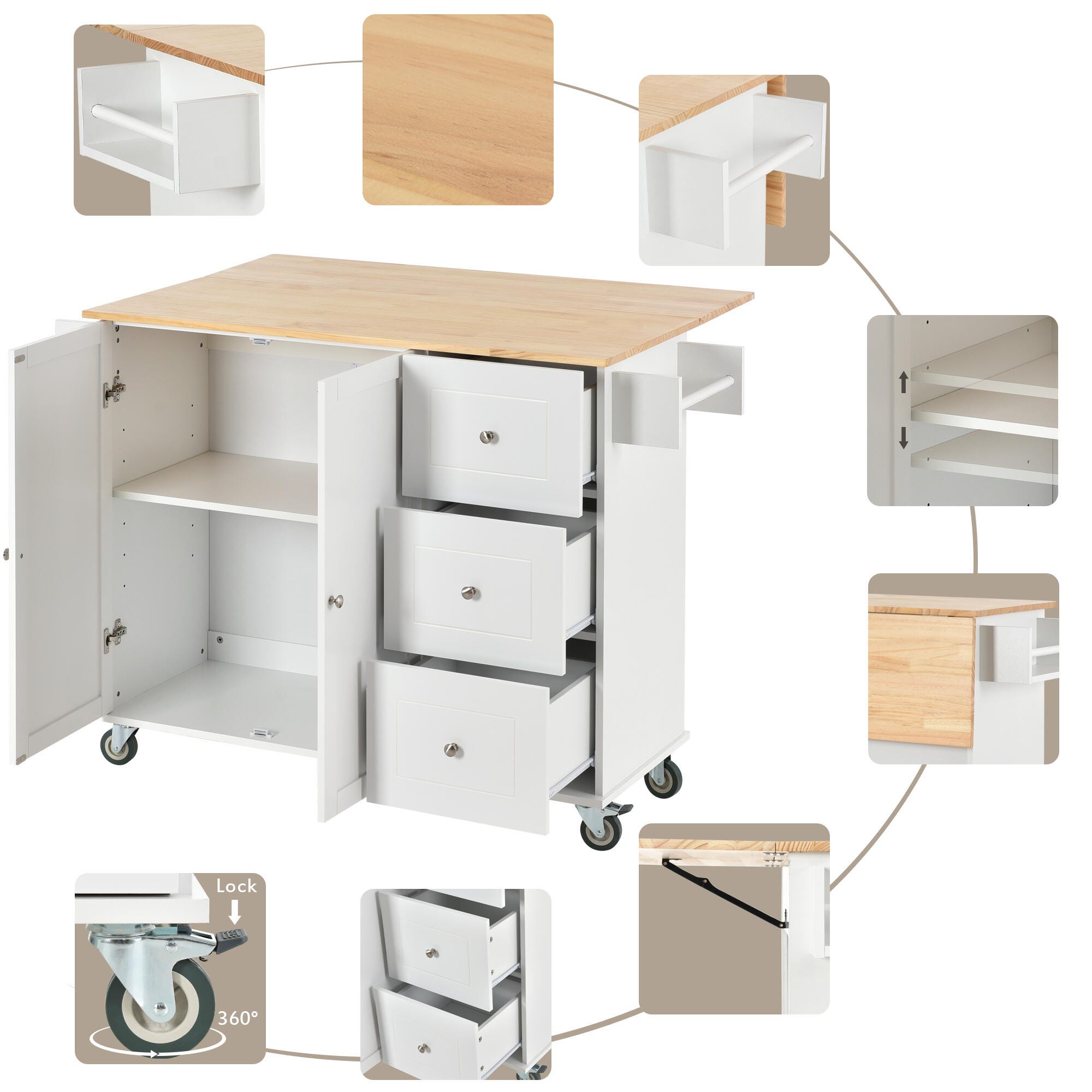 Dovelina Kiopy Rolling Mobile Kitchen Island with Solid Wood Top, White, large