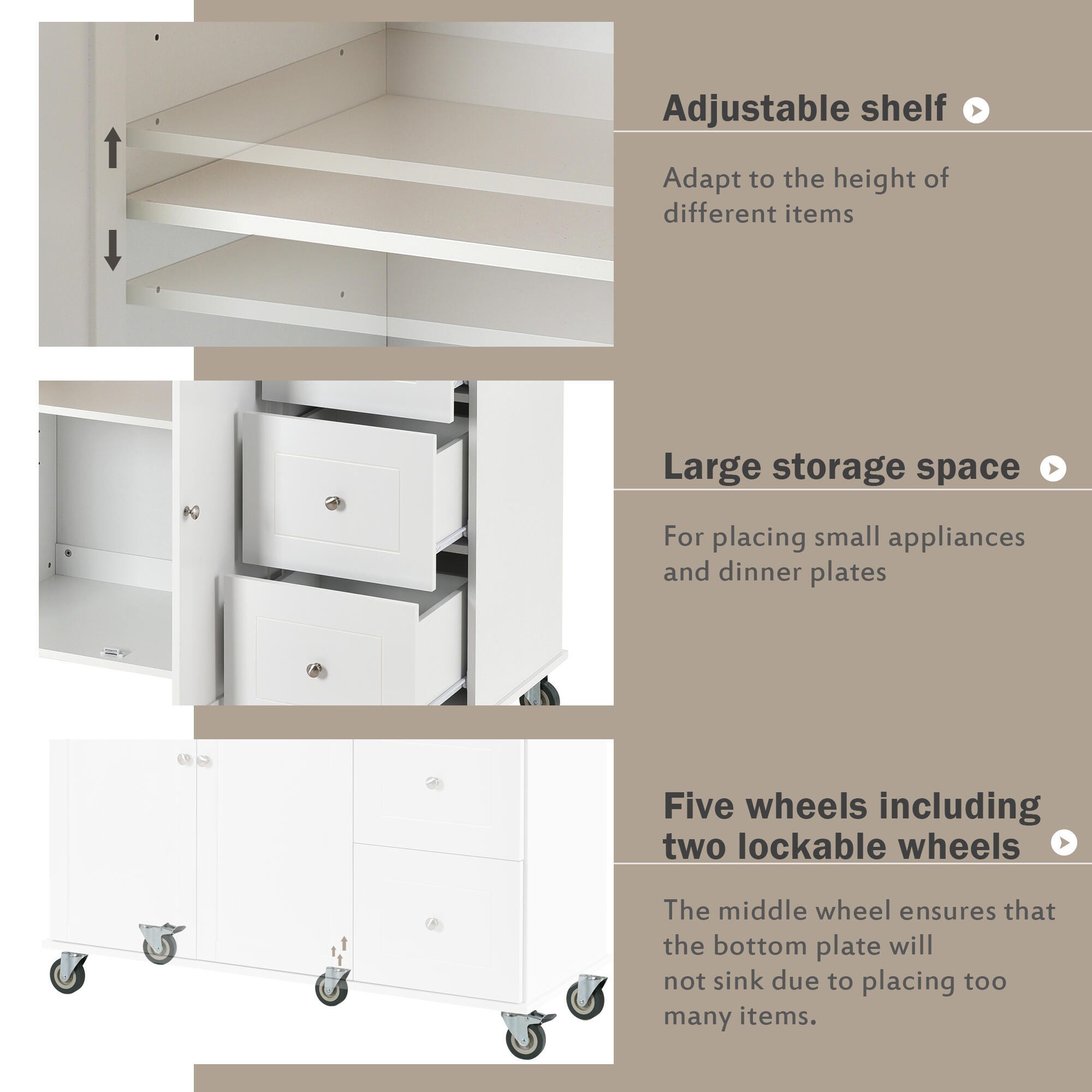Dovelina Kiopy Rolling Mobile Kitchen Island with Solid Wood Top, White, large