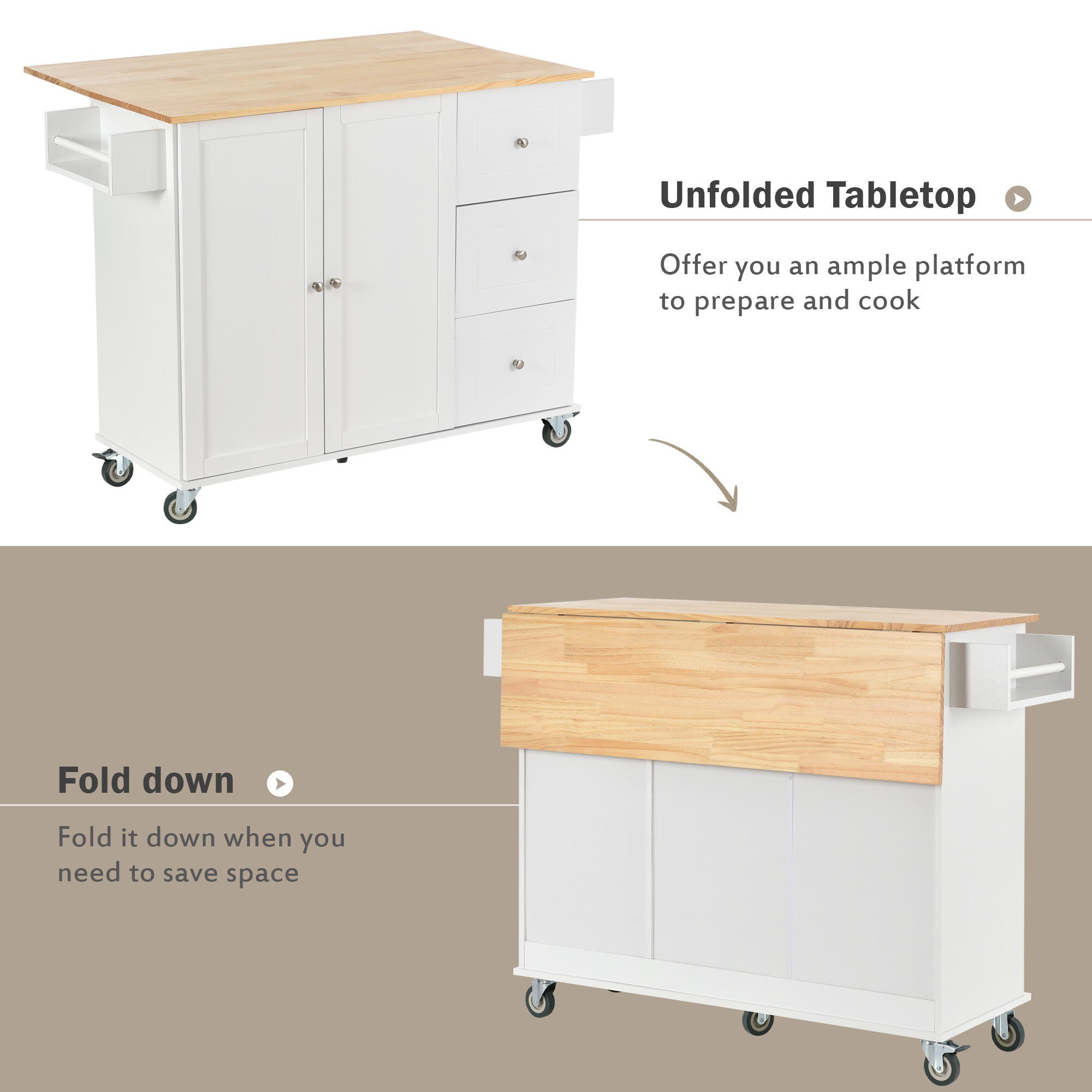 Dovelina Kiopy Rolling Mobile Kitchen Island with Solid Wood Top, White, large