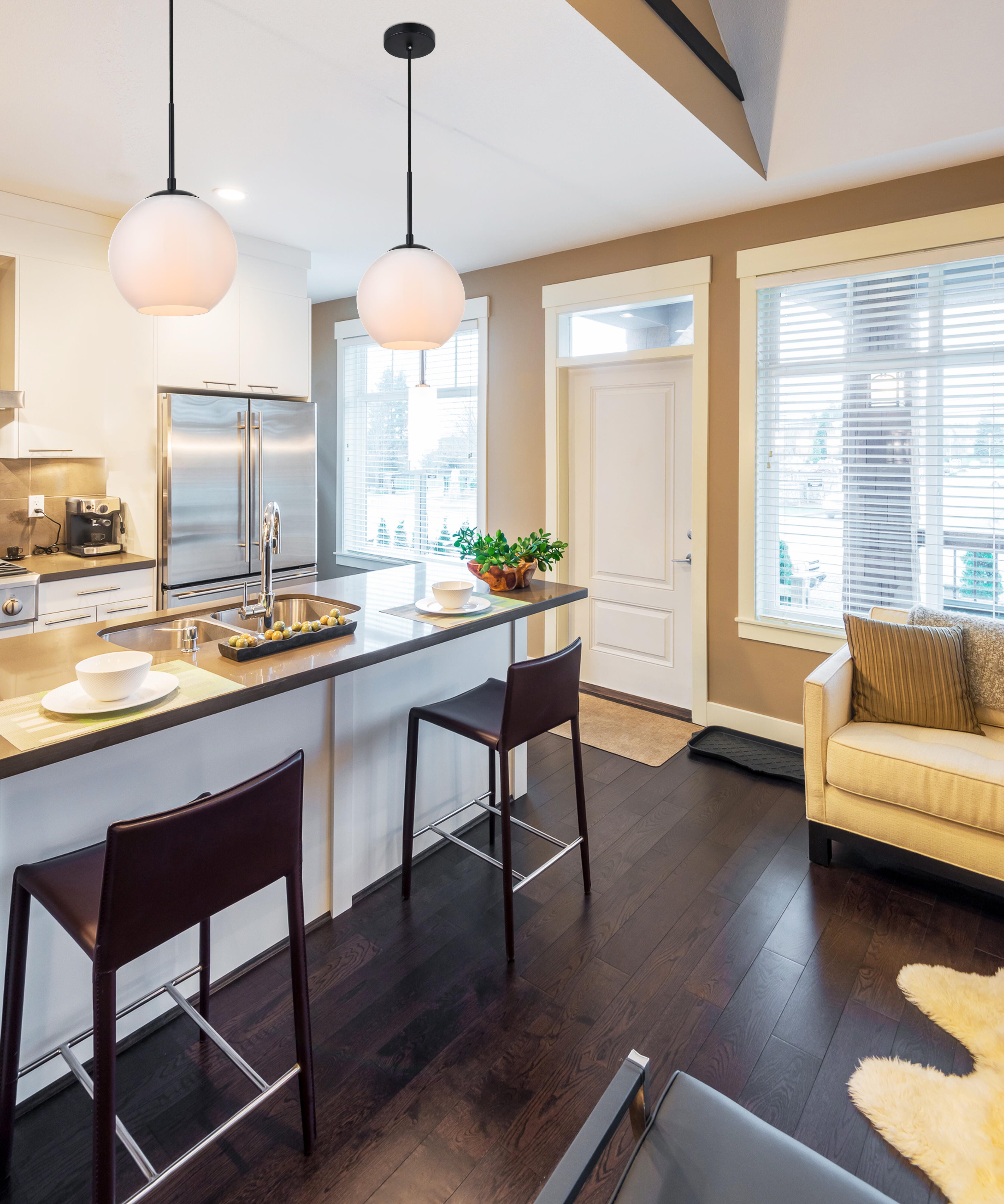 Living District Baxter 1 Light Black Pendant With Frosted White Glass, Black/Frosted White, rollover