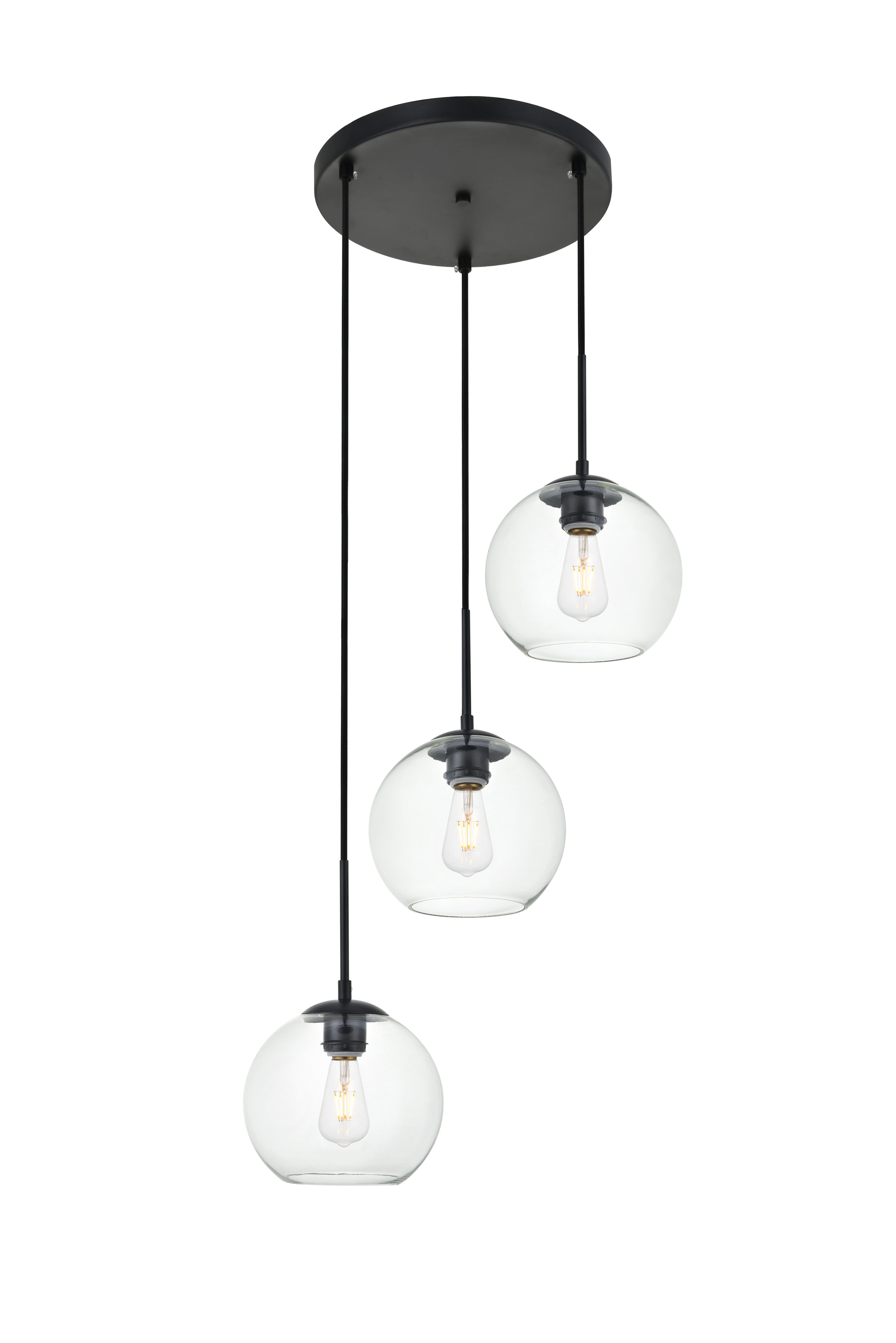 Living District Baxter 3 Lights Black Pendant With Clear Glass, Black/Clear, large