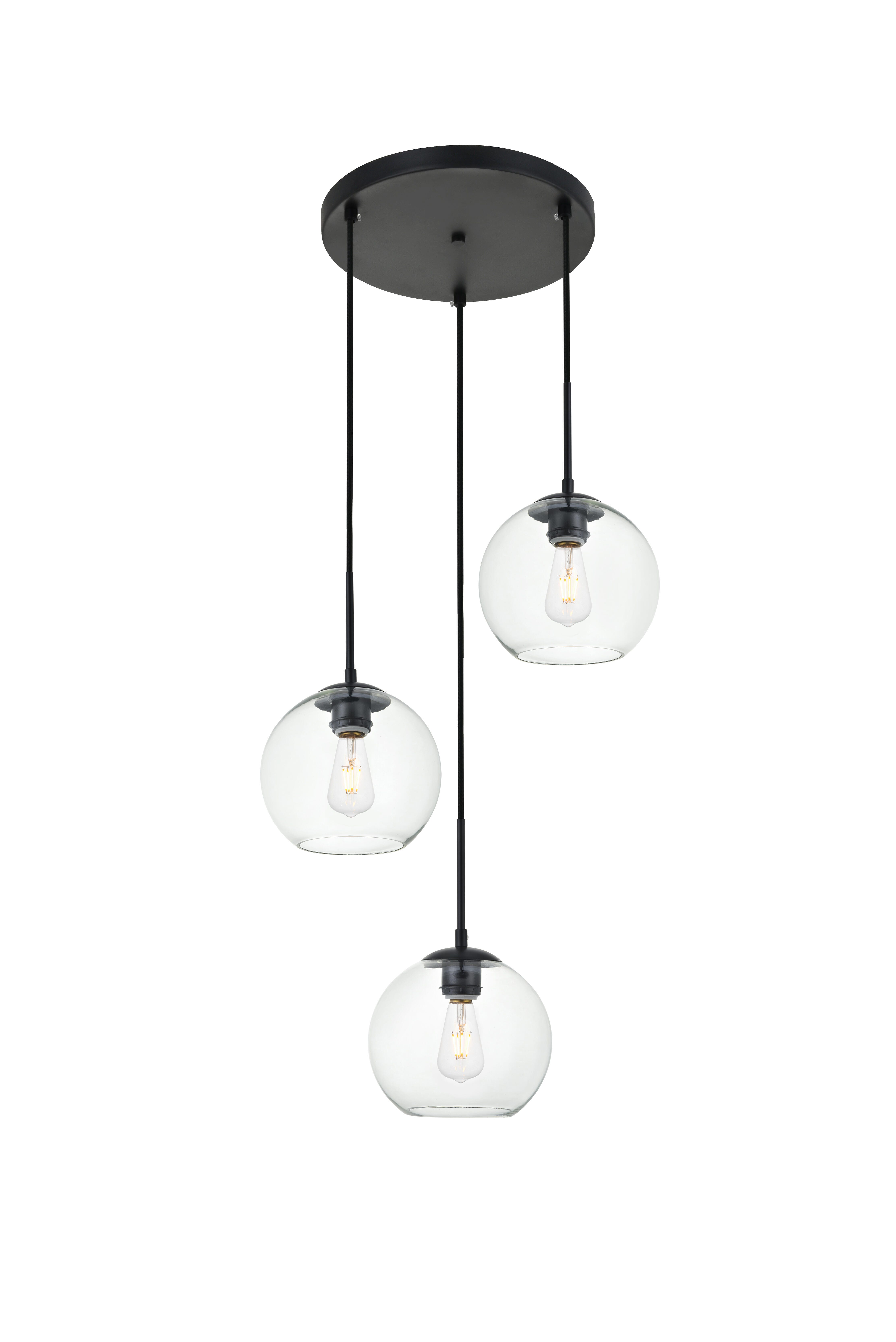 Living District Baxter 3 Lights Black Pendant With Clear Glass, Black/Clear, large