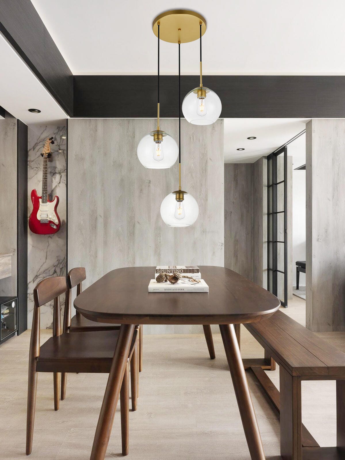 Living District Baxter 3 Lights Brass Pendant With Clear Glass, Brass/Clear, rollover