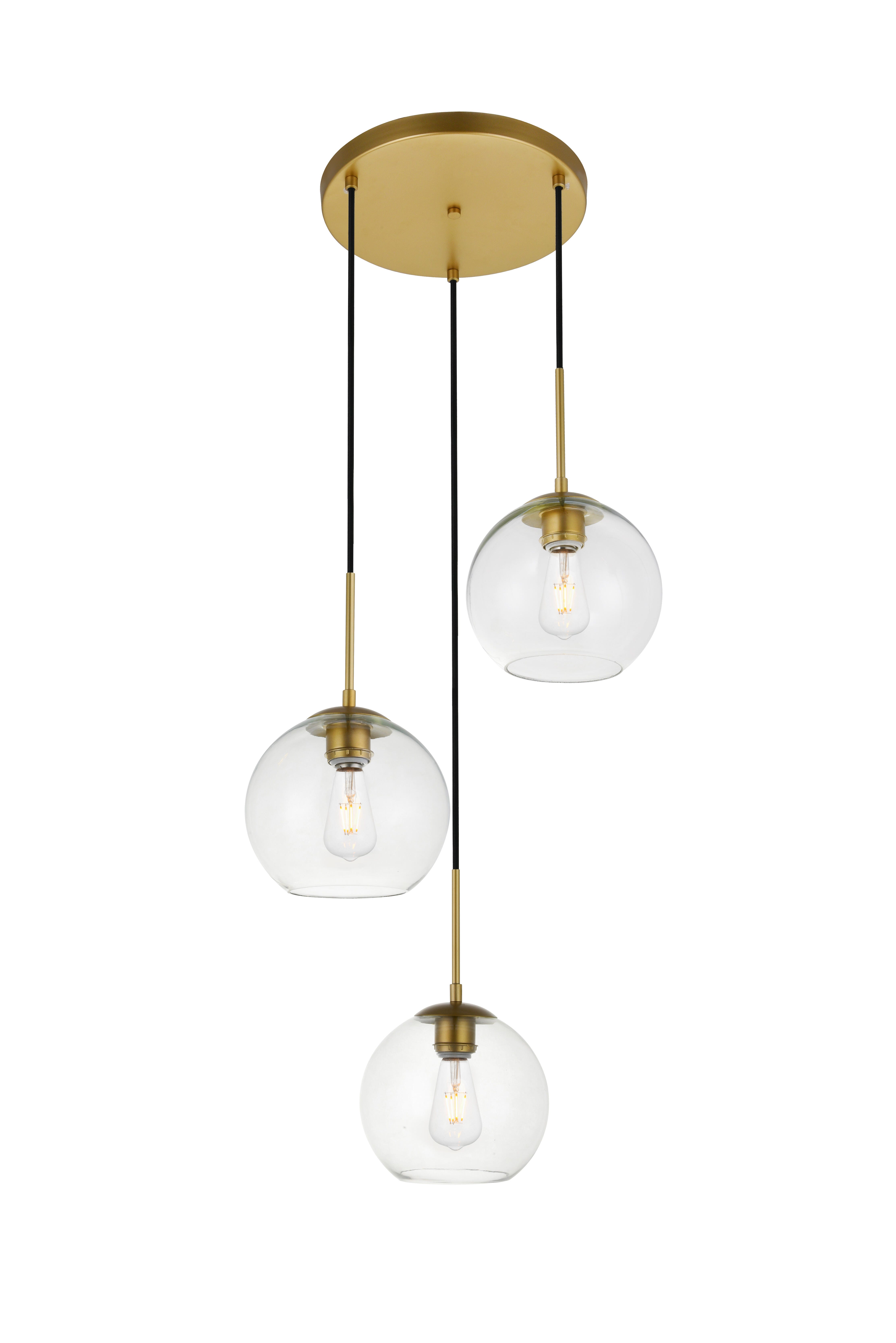 Living District Baxter 3 Lights Brass Pendant With Clear Glass, Brass/Clear, large