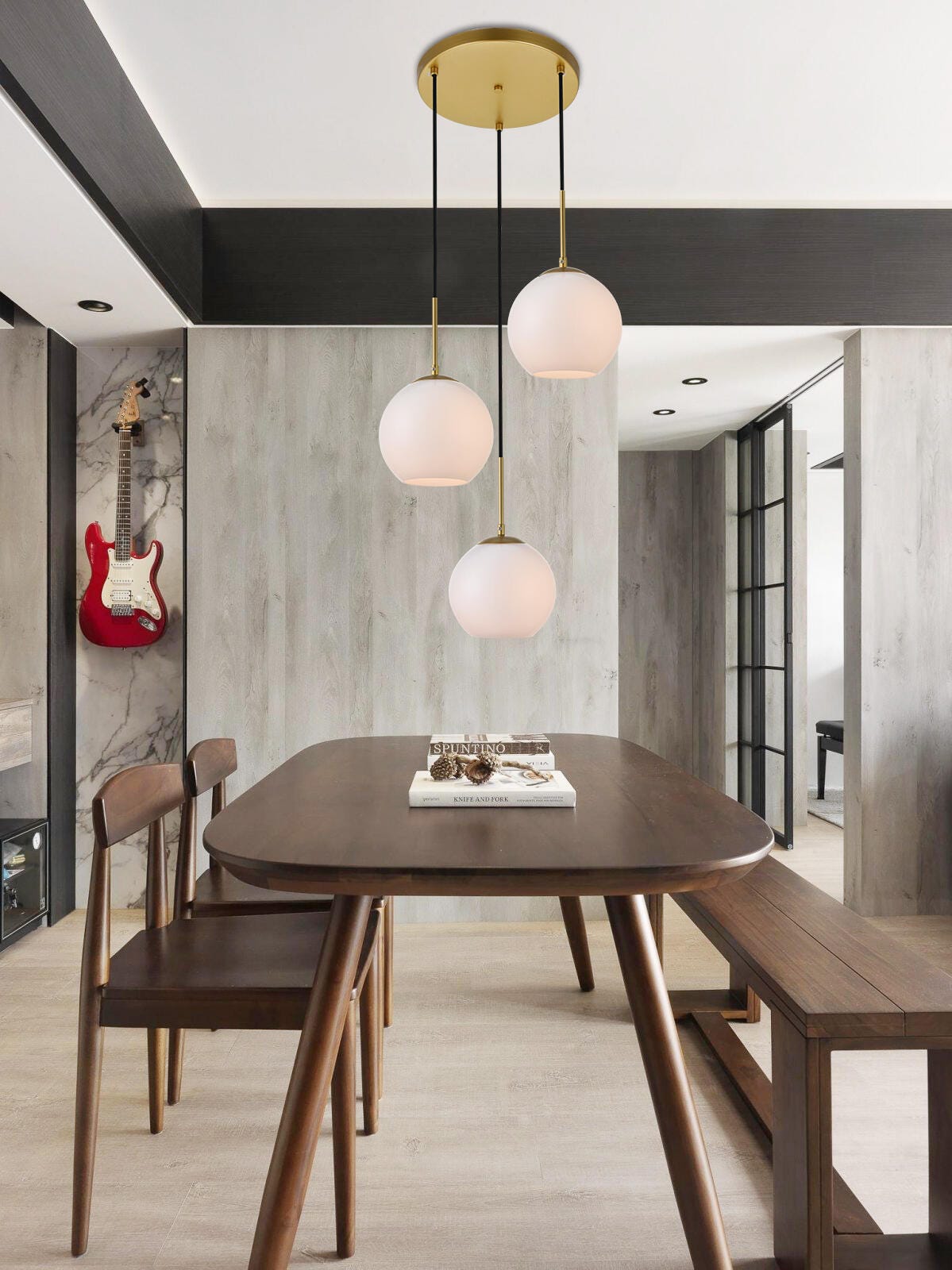 Living District Baxter 3 Lights Brass Pendant With Frosted White Glass, Brass/Frosted White, rollover