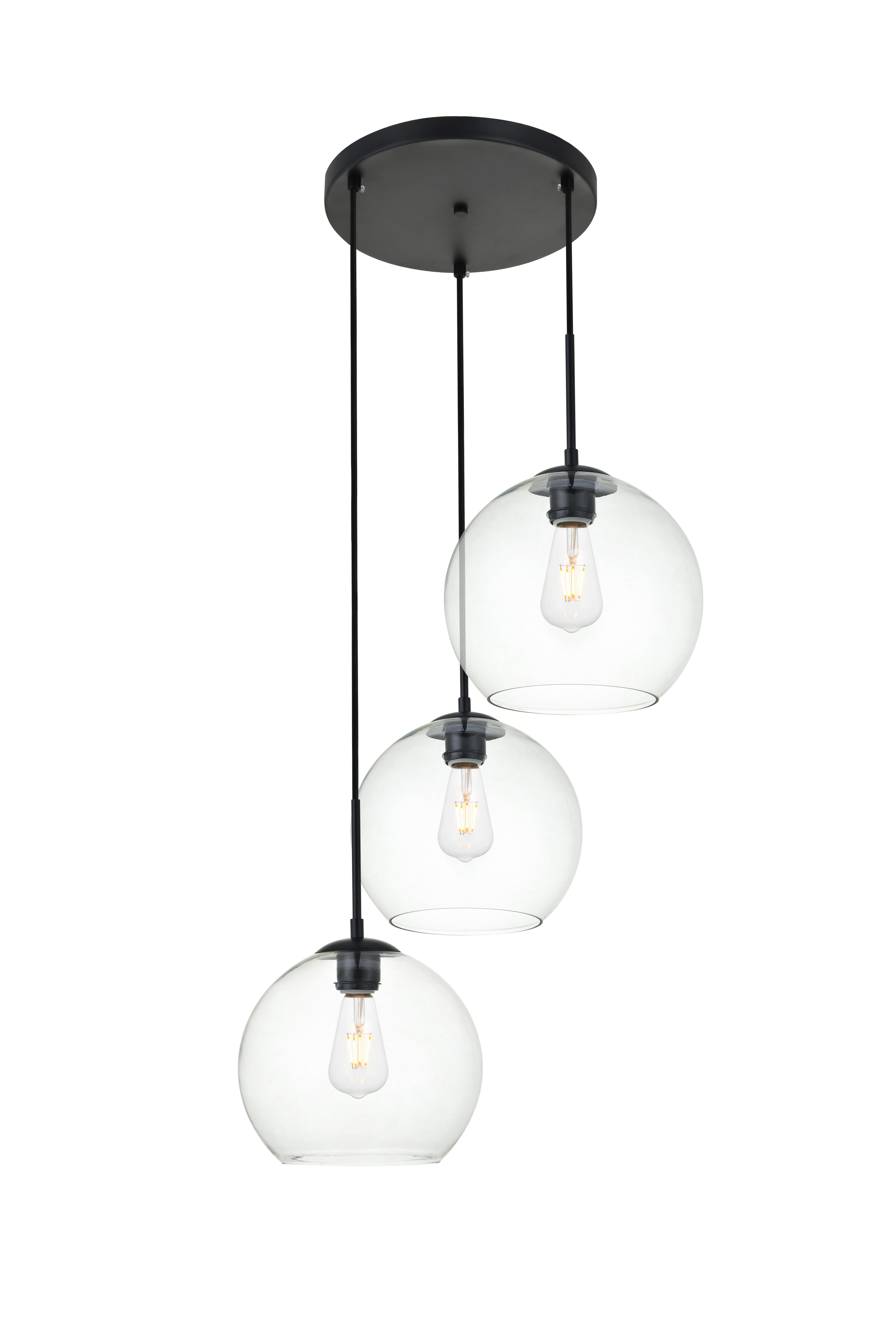 Living District Baxter 3 Lights Black Pendant With Clear Glass, Black/Clear, large