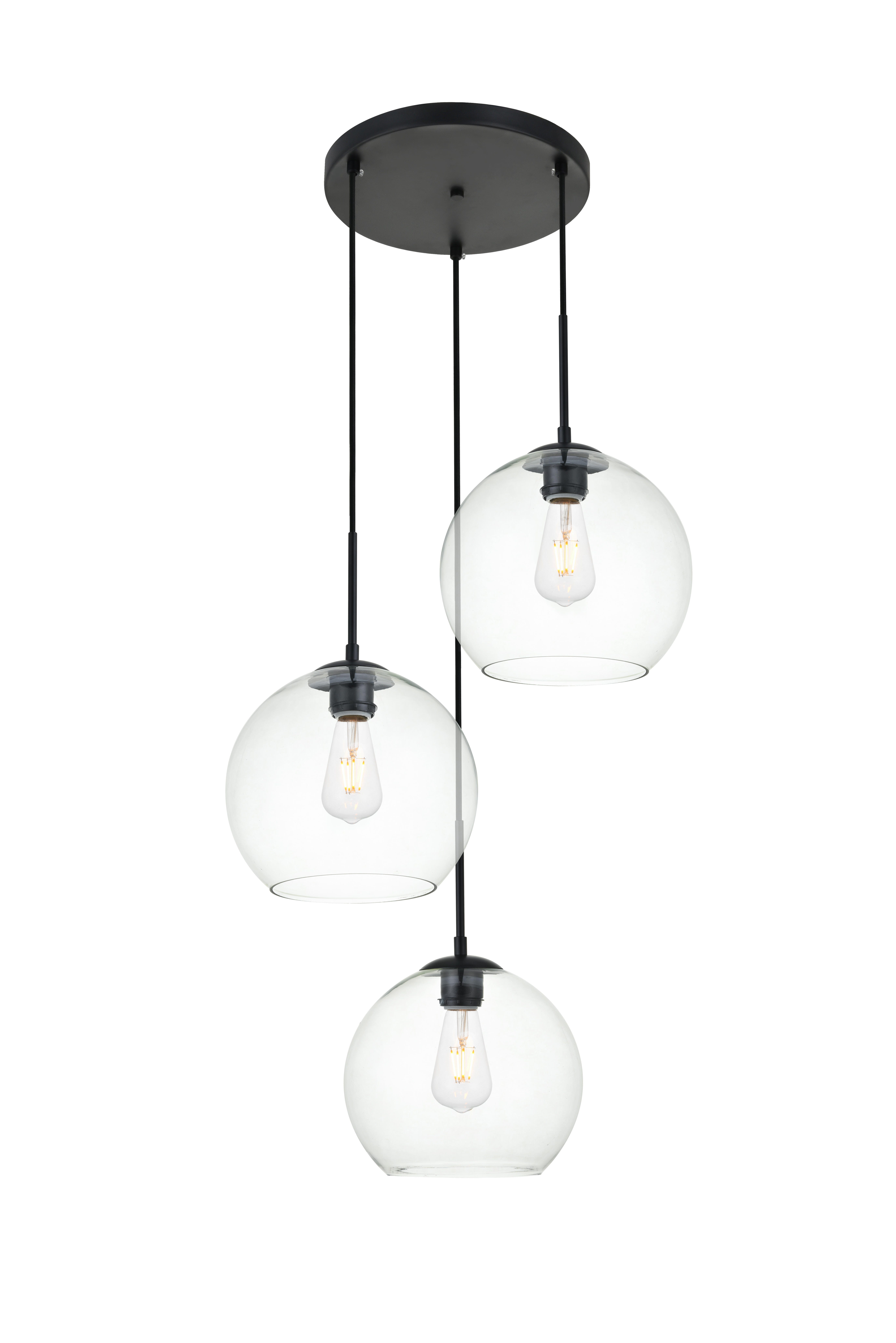 Living District Baxter 3 Lights Black Pendant With Clear Glass, Black/Clear, large