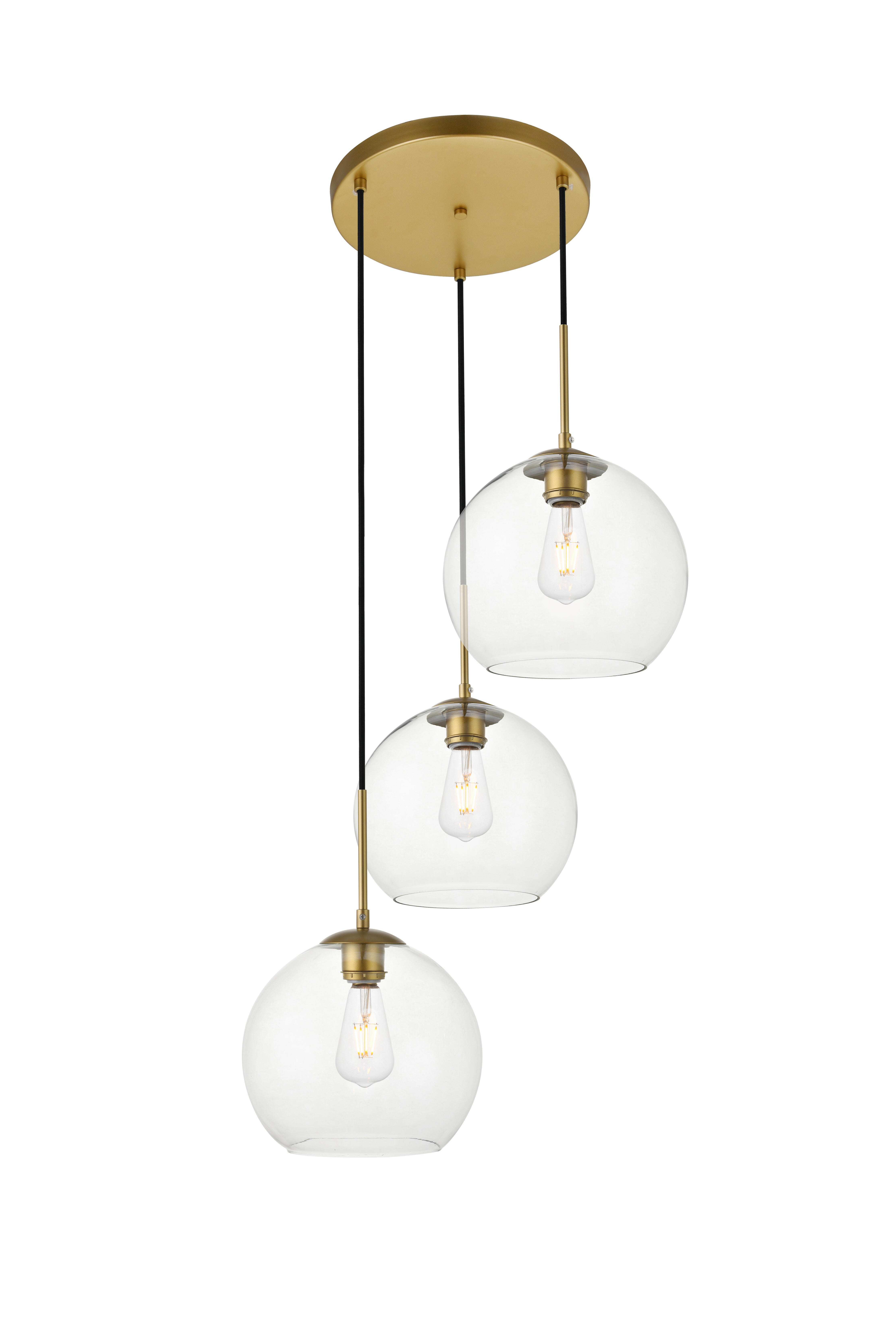 Living District Baxter 3 Lights Brass Pendant With Clear Glass, Brass/Clear, large