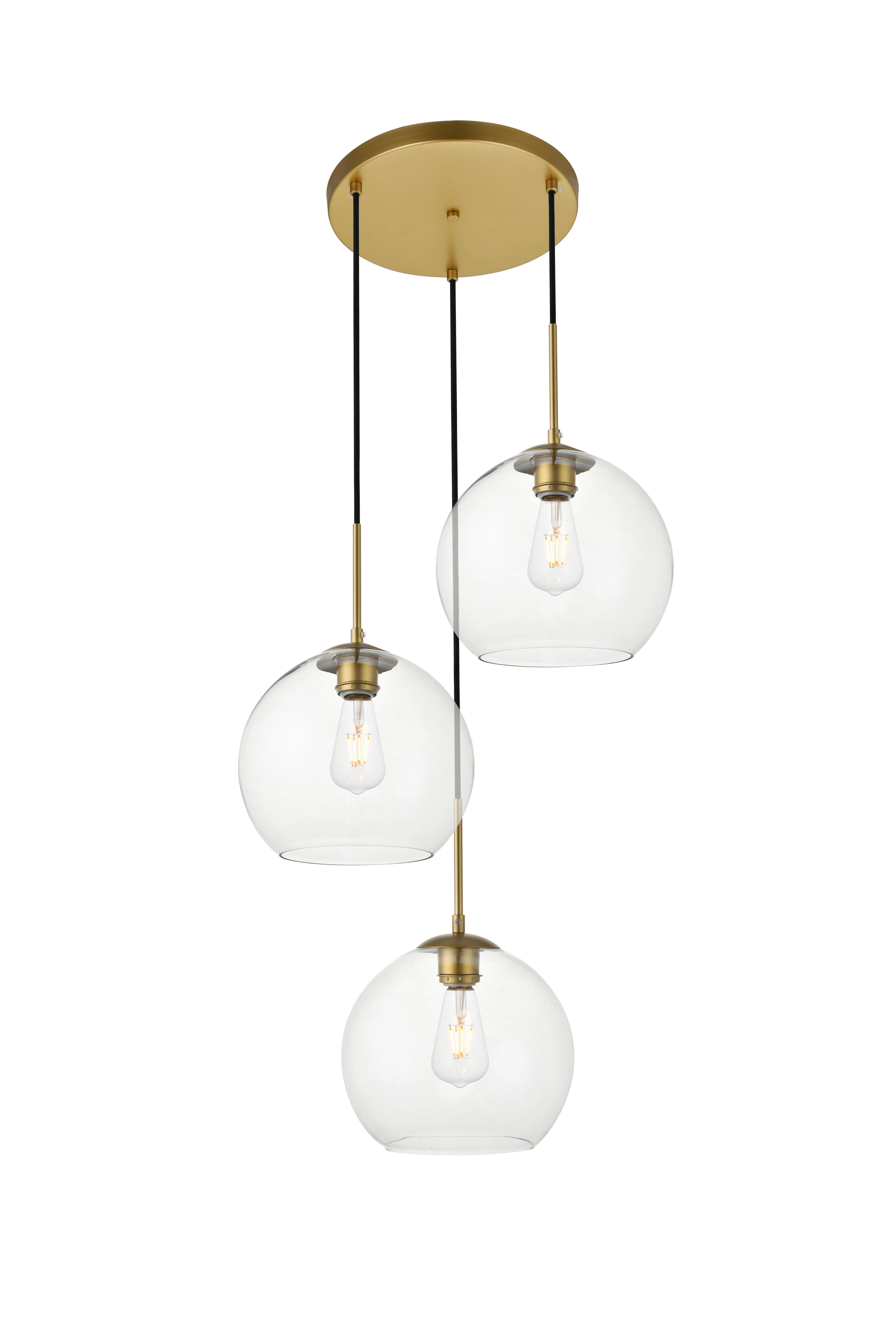 Living District Baxter 3 Lights Brass Pendant With Clear Glass, Brass/Clear, large