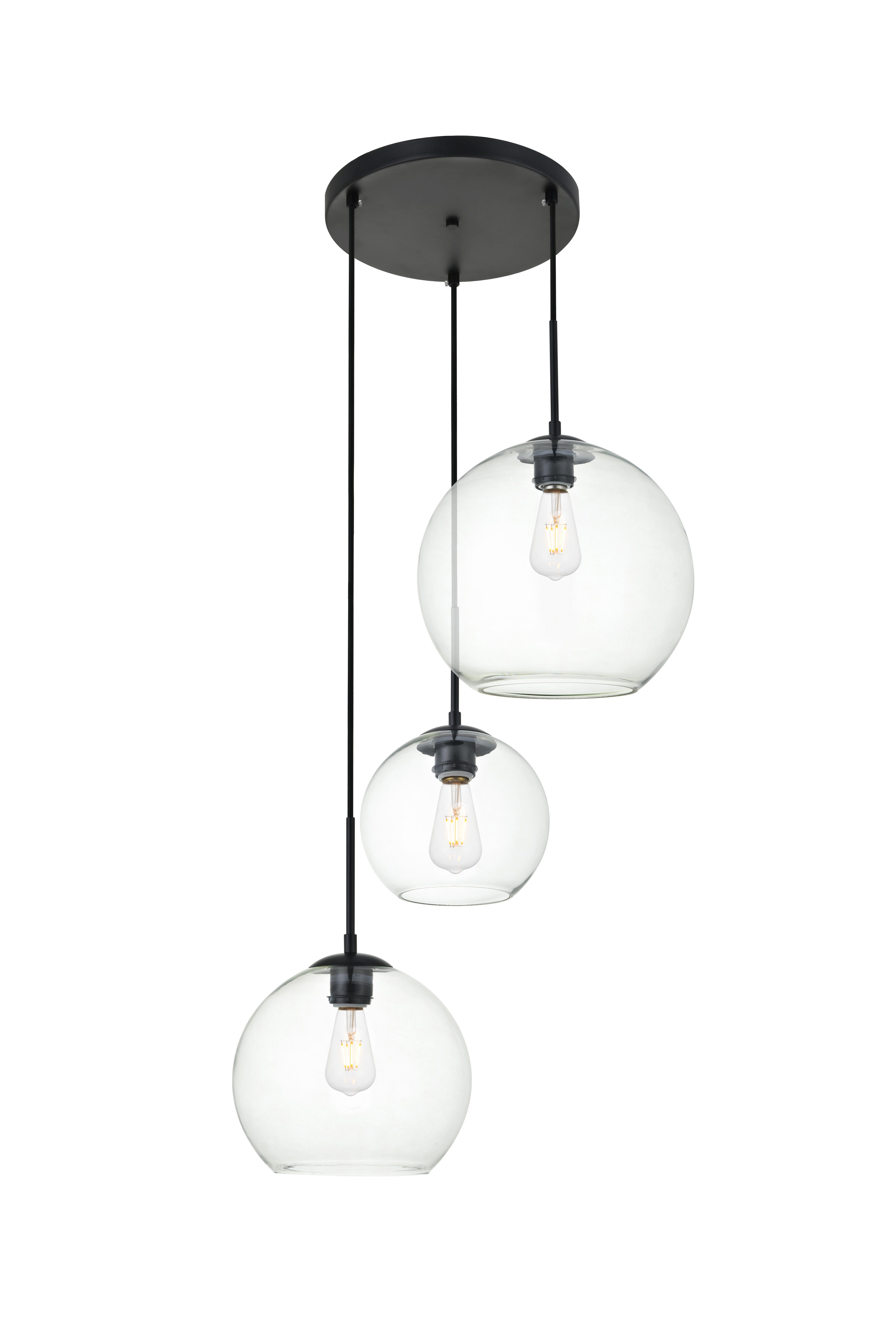 Living District Baxter 3 Lights Black Pendant With Clear Glass, Black/Clear, large