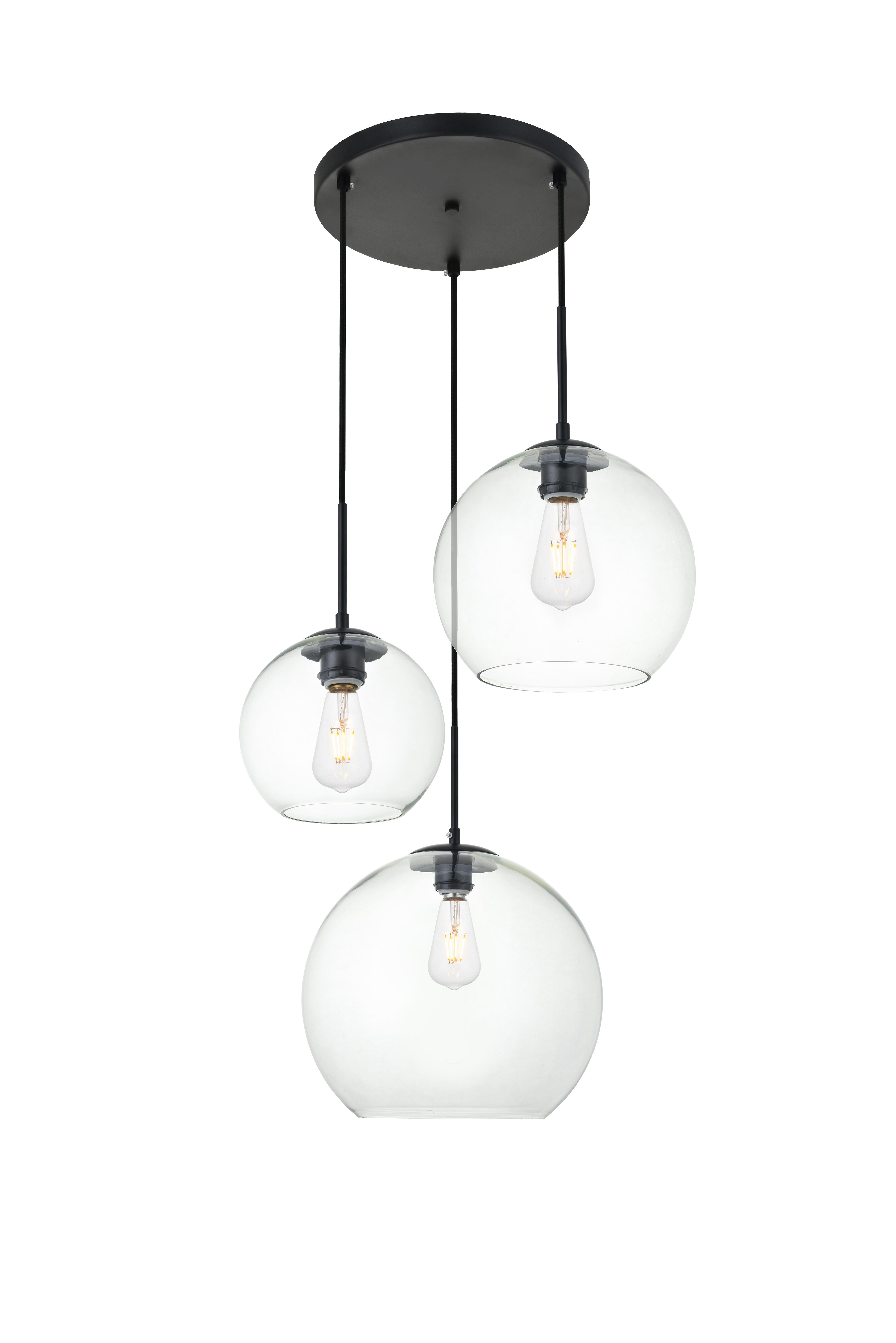 Living District Baxter 3 Lights Black Pendant With Clear Glass, Black/Clear, large