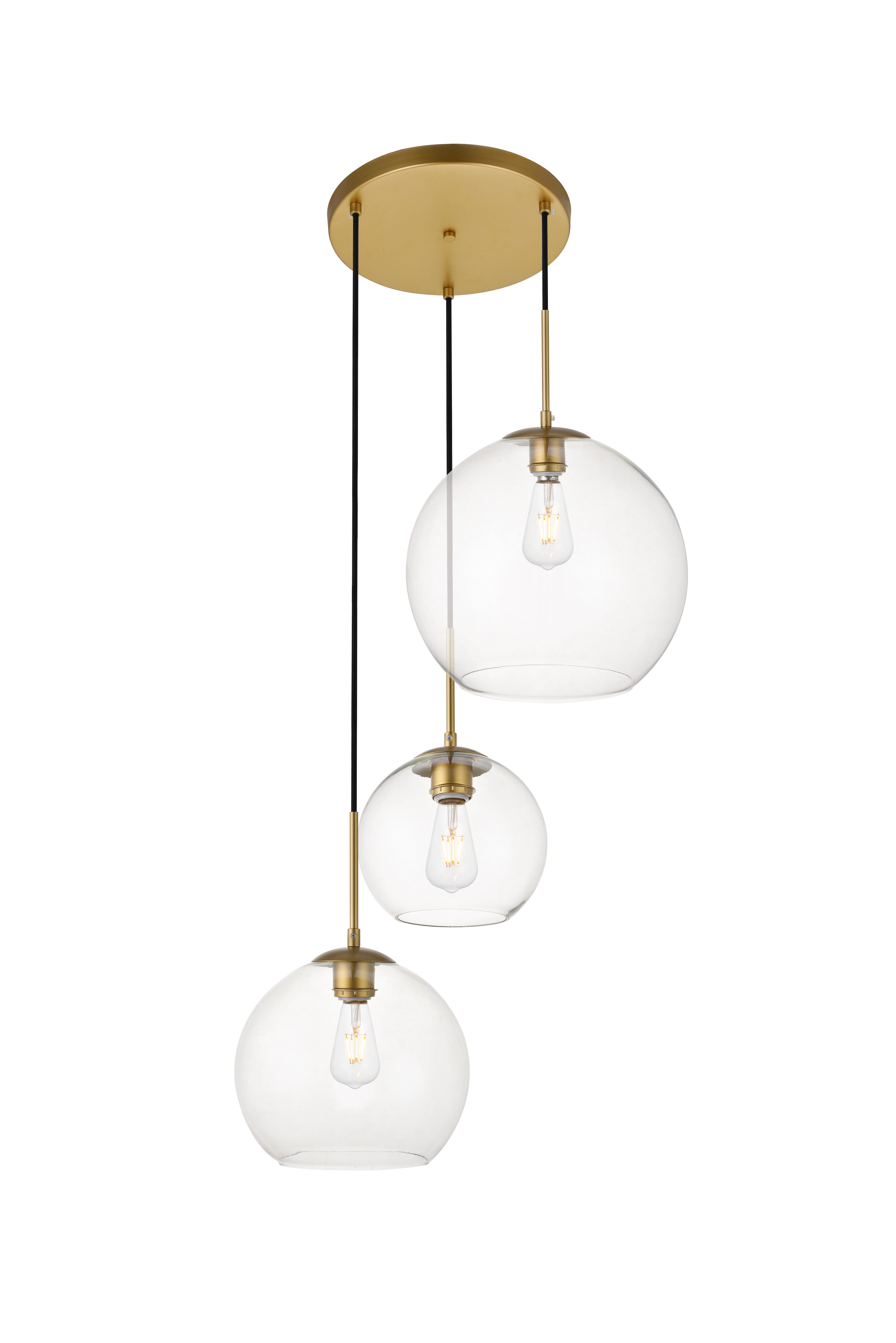 Living District Baxter 3 Lights Brass Pendant With Clear Glass, Brass/Clear, large
