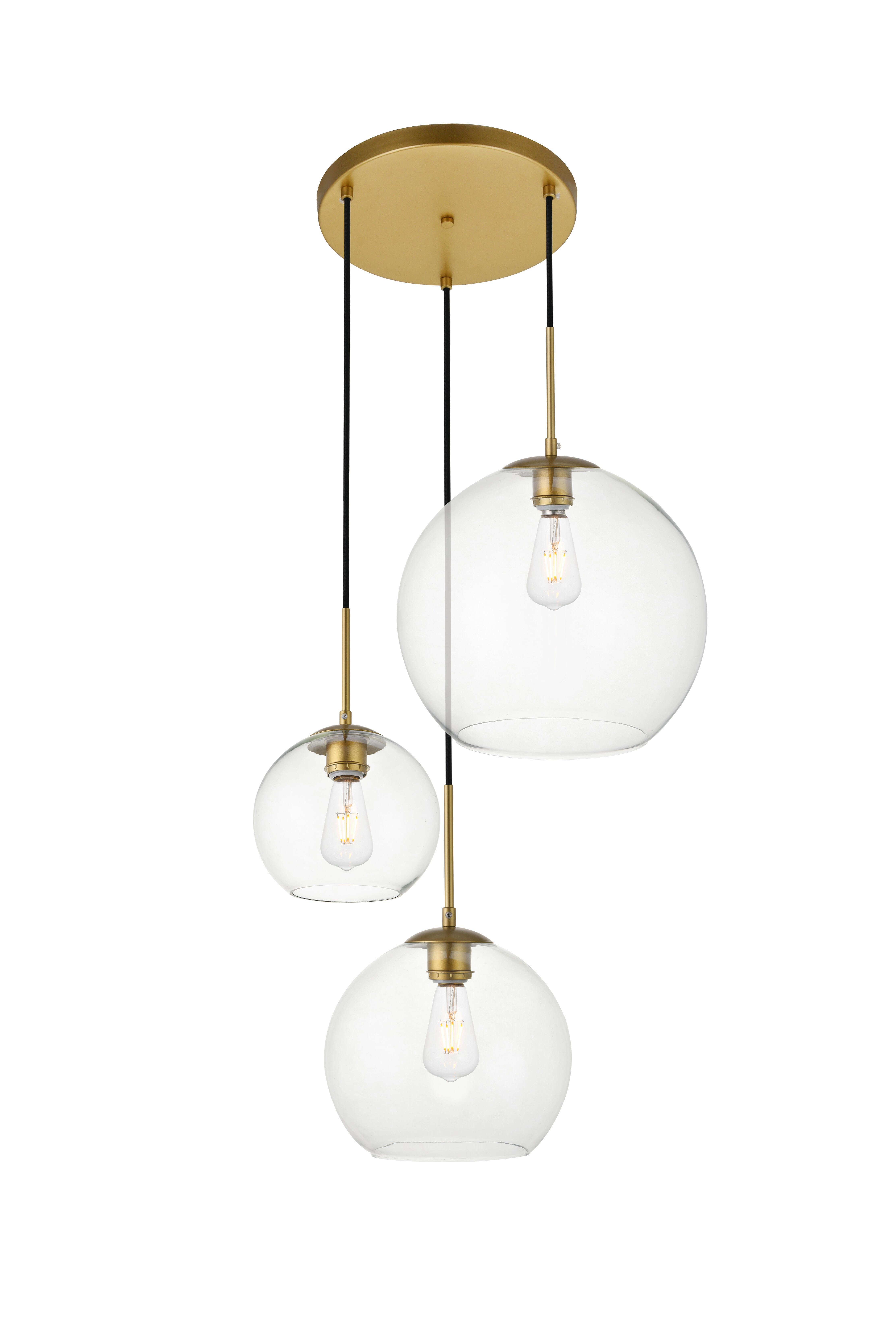 Living District Baxter 3 Lights Brass Pendant With Clear Glass, Brass/Clear, large