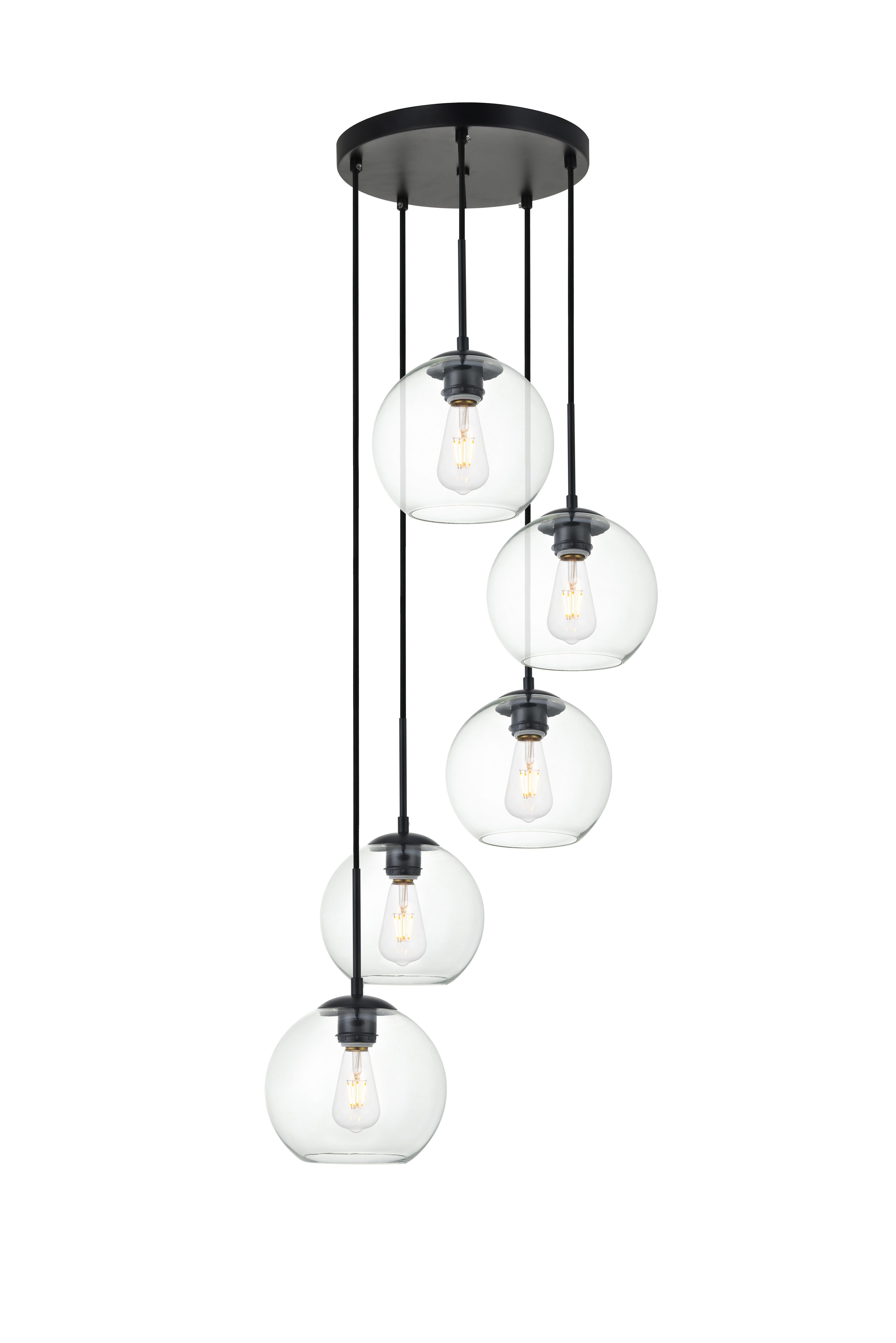 Living District Baxter 5 Lights Black Pendant With Clear Glass, Black/Clear, large