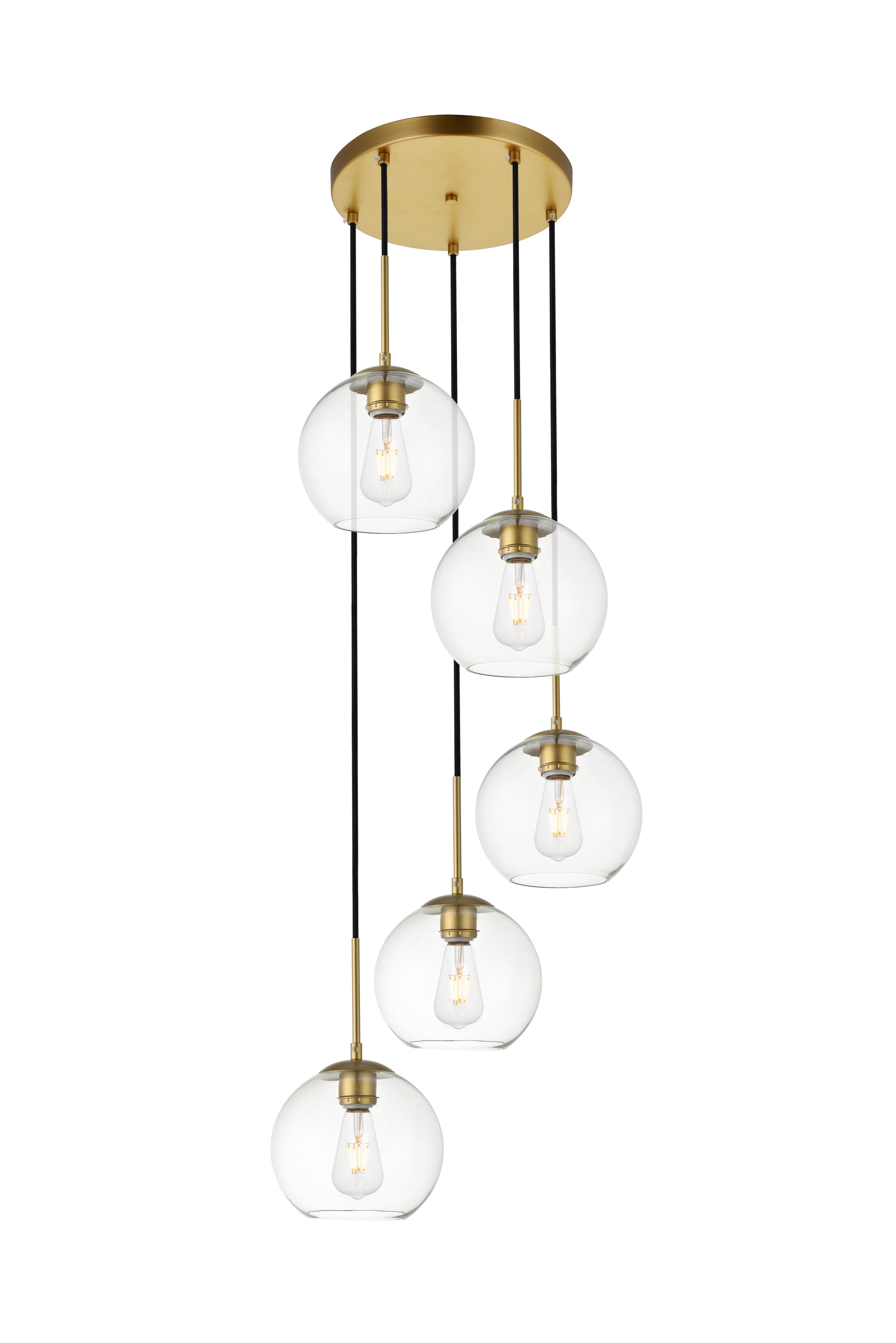 Living District Baxter 5 Lights Brass Pendant With Clear Glass, Brass/Clear, large