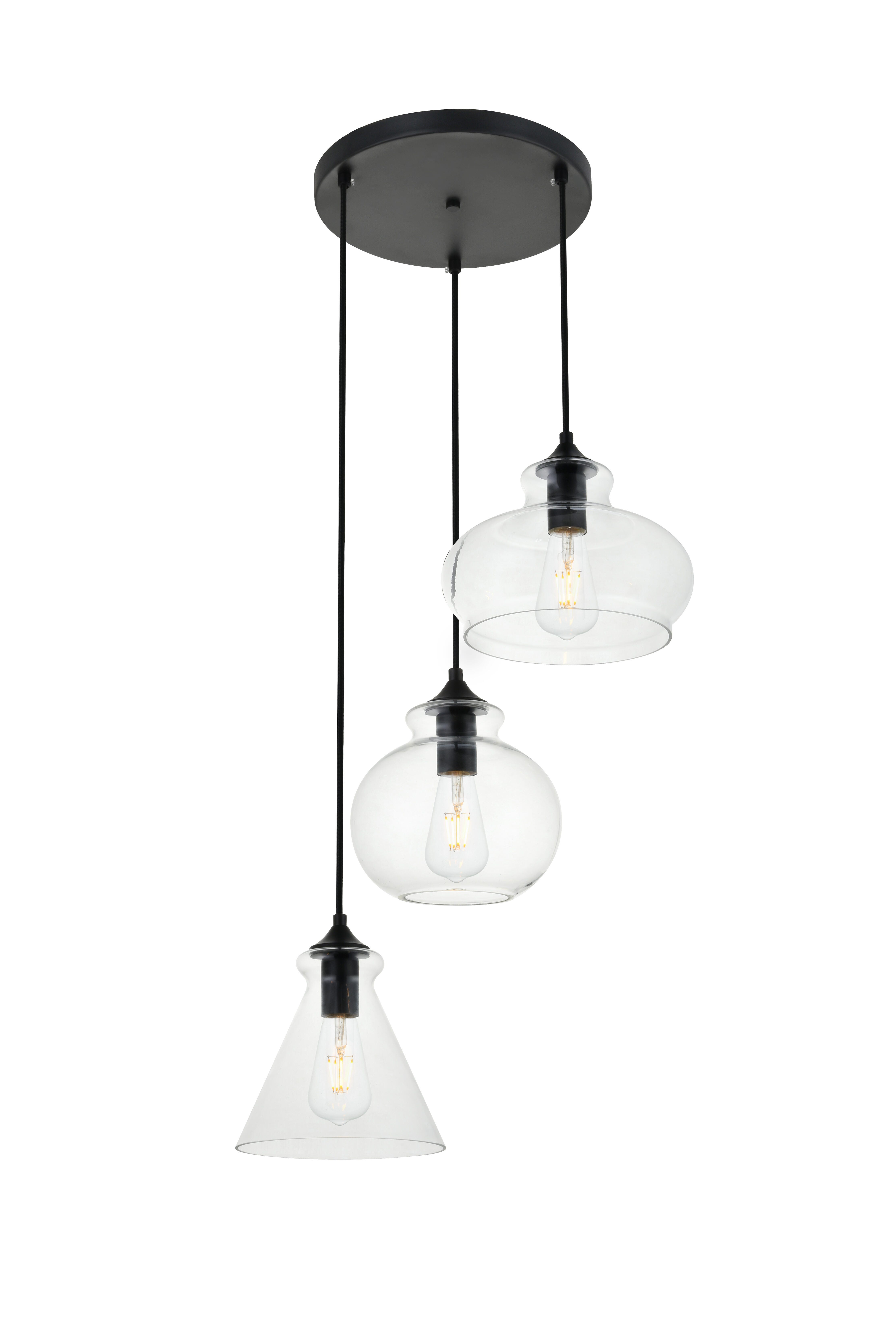 Living District Destry 3 Lights Black Pendant With Clear Glass, Black/Clear, large