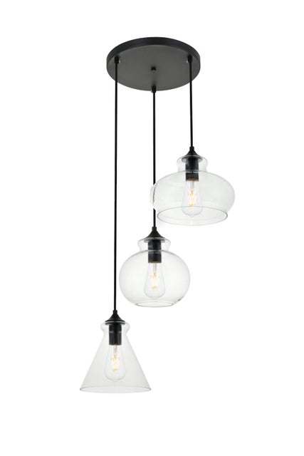 Living District Destry 3 Lights Black Pendant w/ Clear Glass, Black/Clear