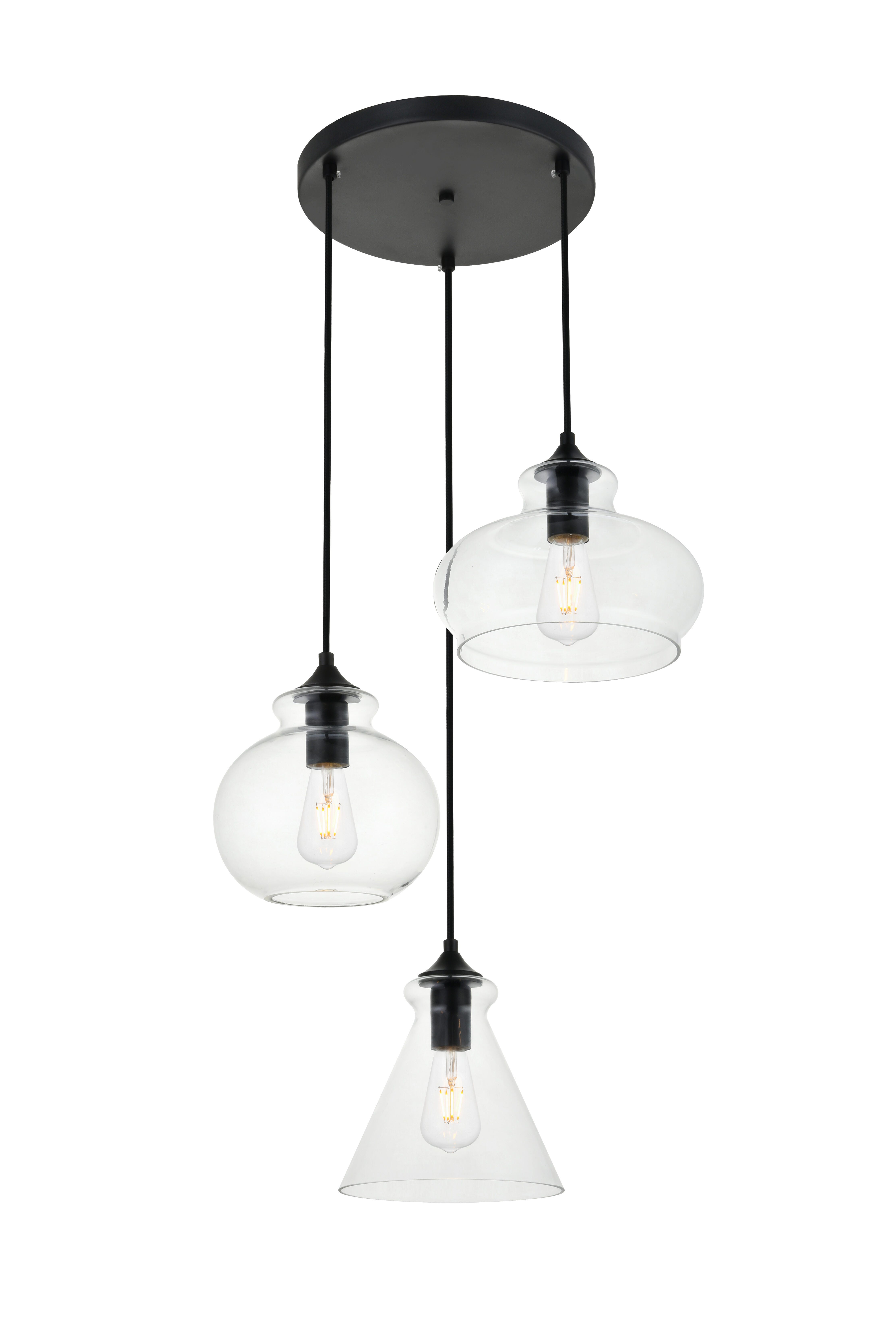 Living District Destry 3 Lights Black Pendant With Clear Glass, Black/Clear, large