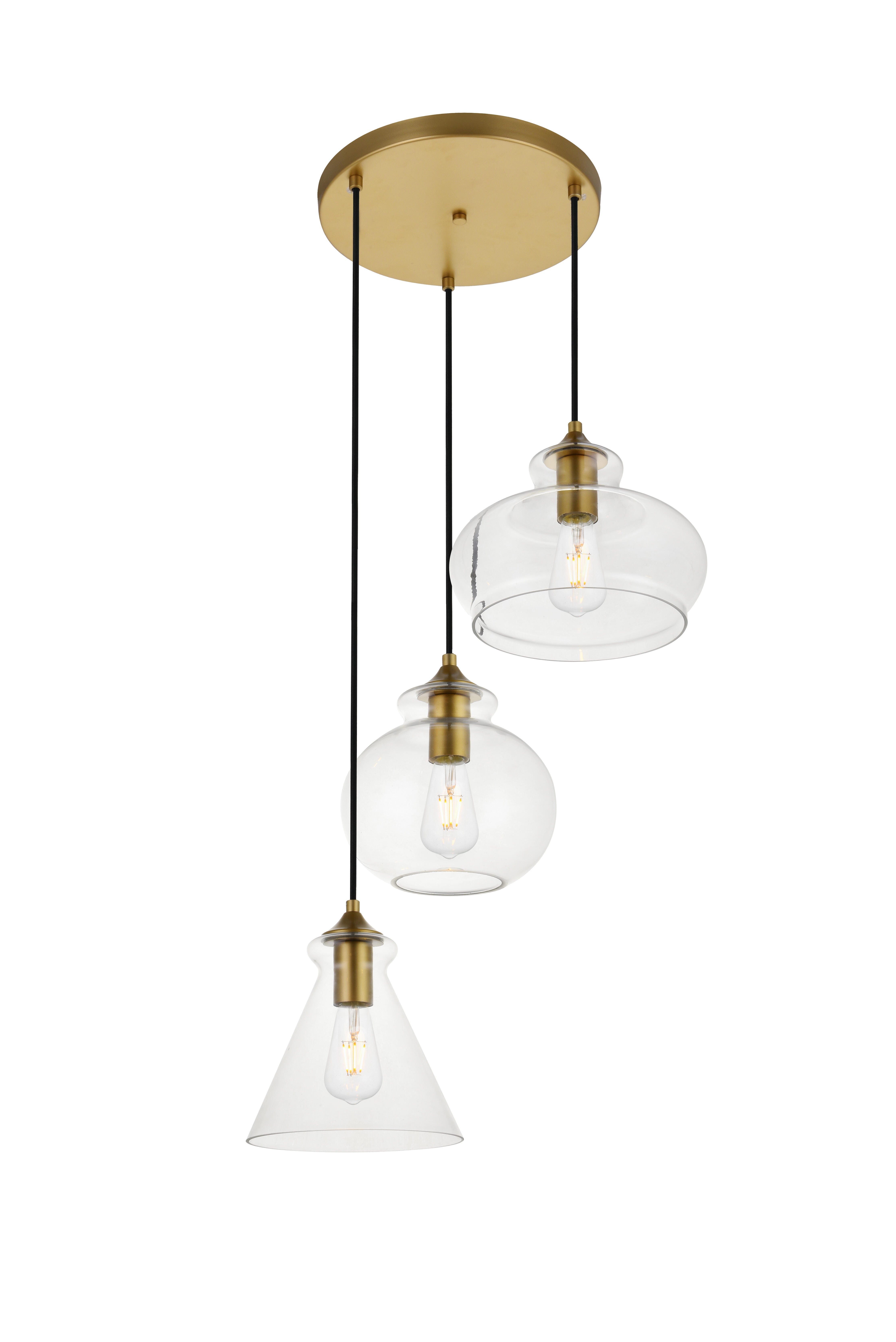 Living District Destry 3 Lights Brass Pendant With Clear Glass, Brass/Clear, large