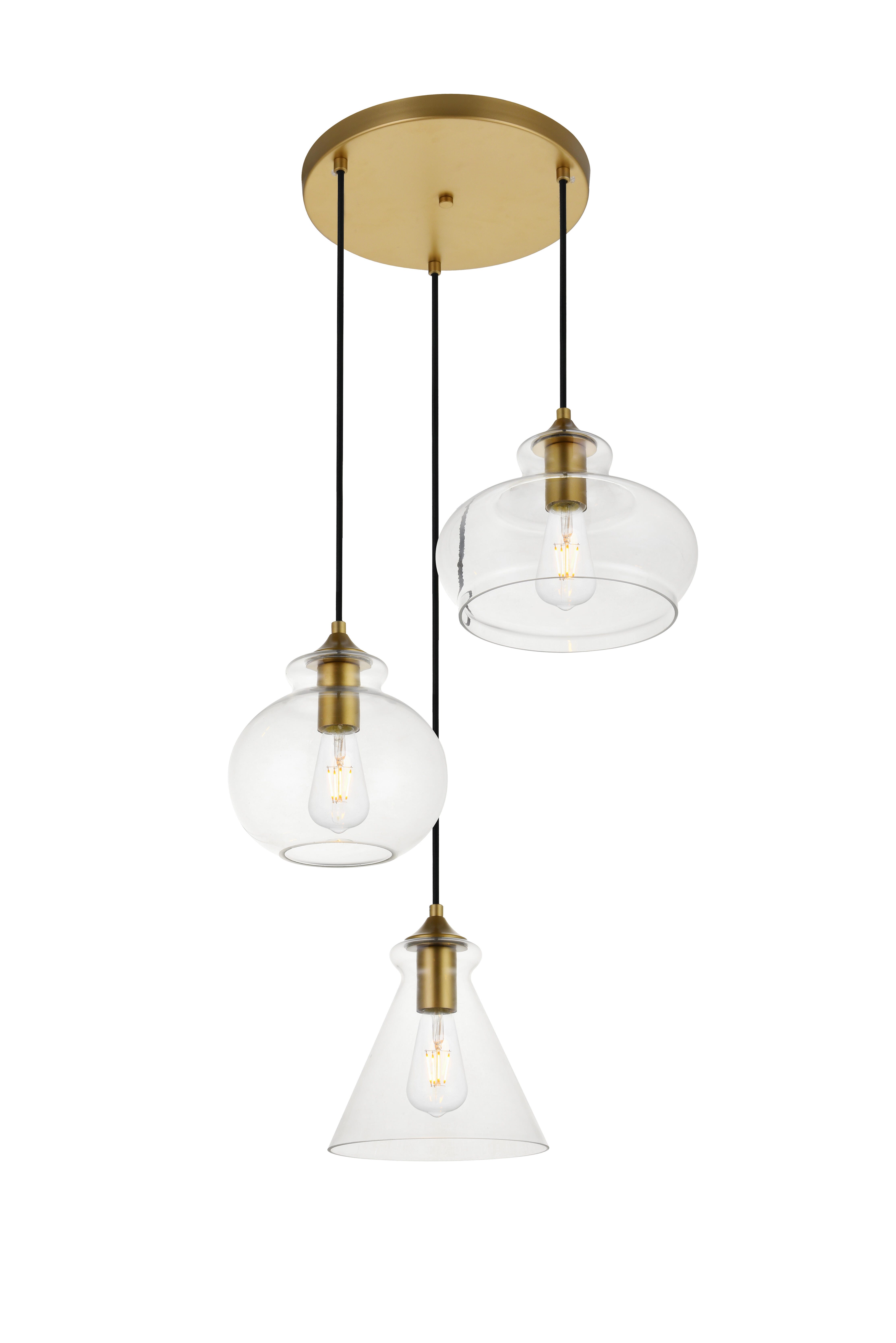 Living District Destry 3 Lights Brass Pendant With Clear Glass, Brass/Clear, large