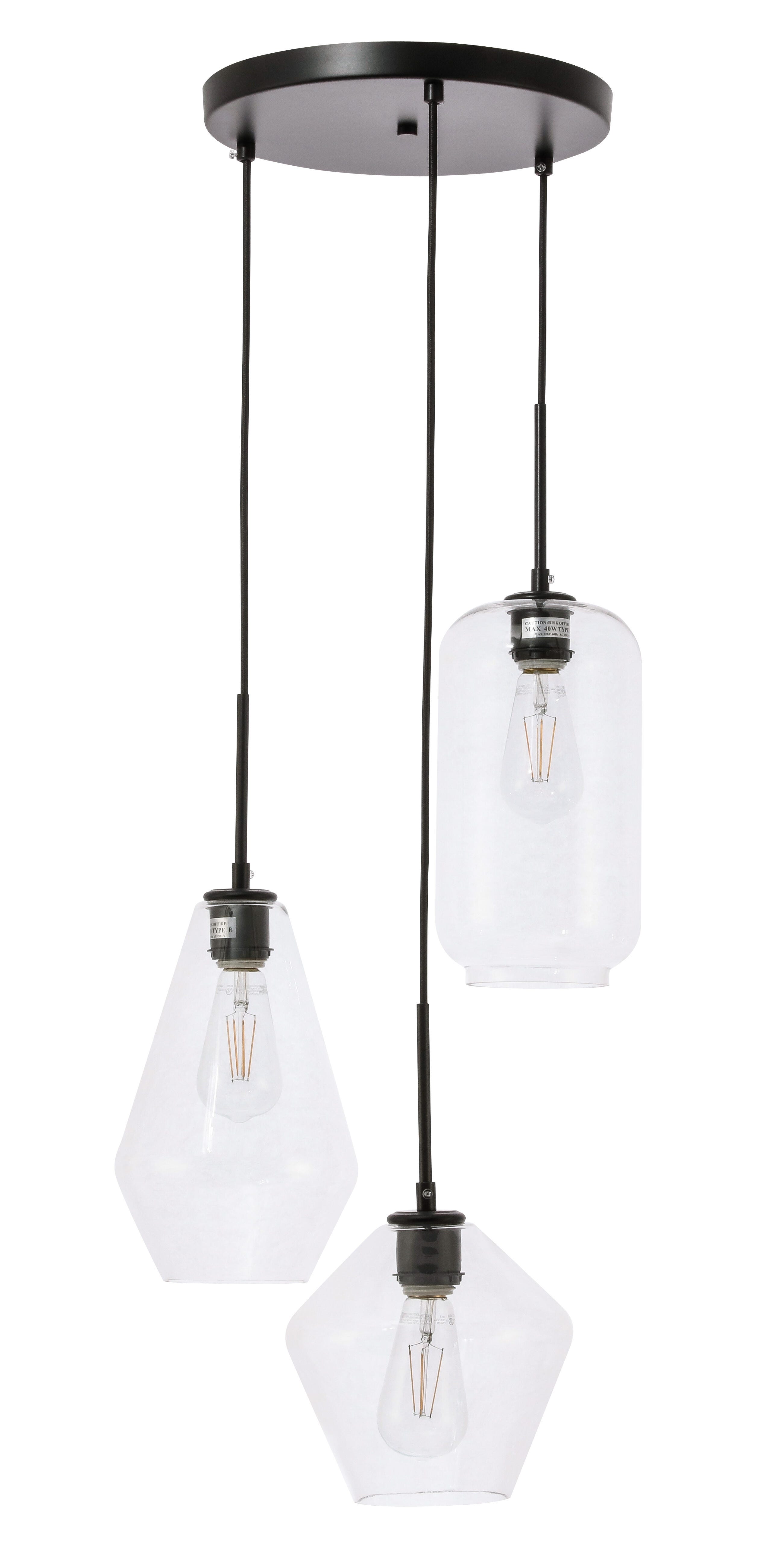 Living District Gene 3 Light Black And Clear Glass Pendant, Black/Clear, large