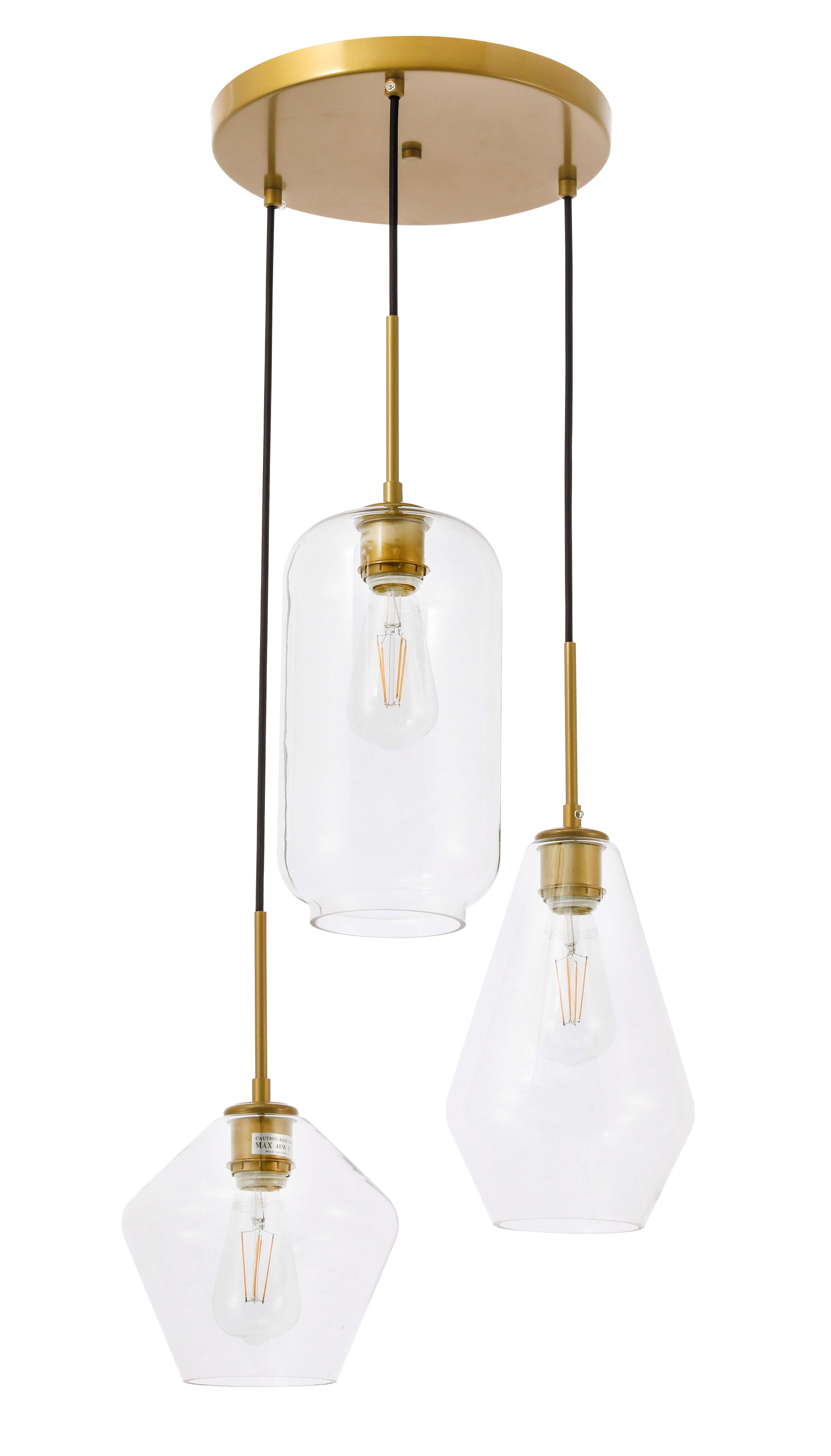 Living District Gene 3 Light Brass And Clear Glass Pendant, Brass/Clear, large