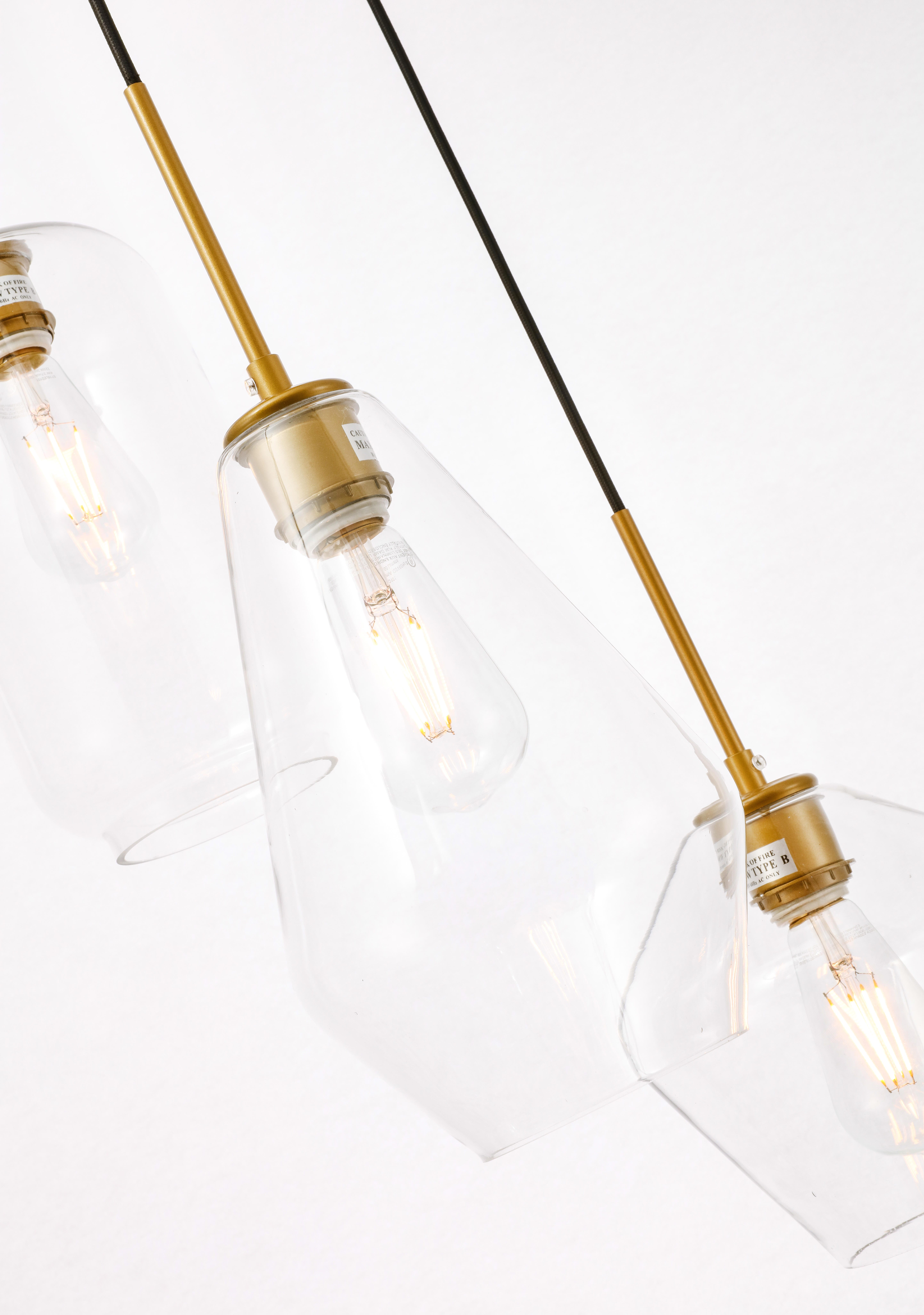 Living District Gene 3 Light Brass And Clear Glass Pendant, Brass/Clear, large