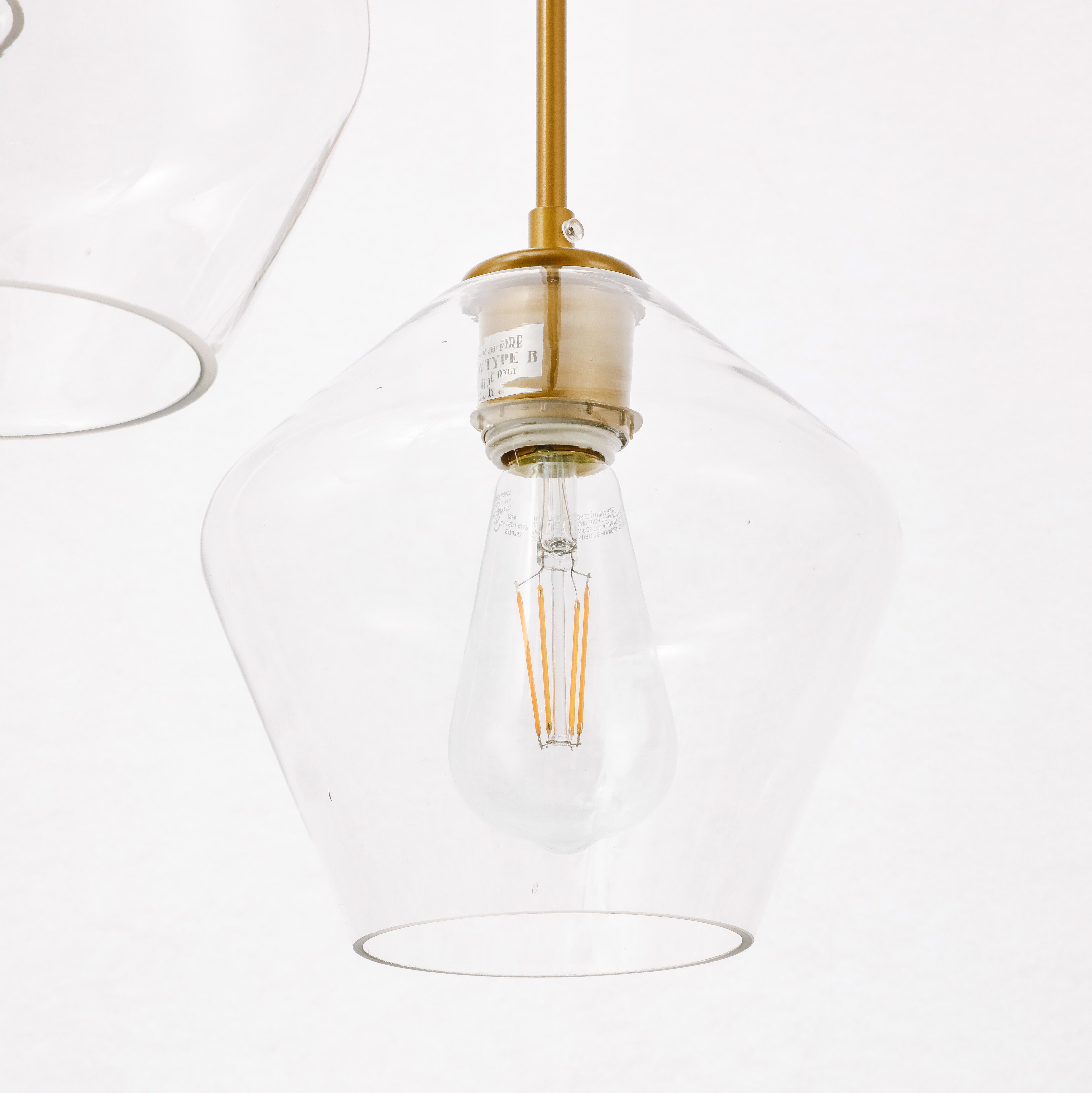 Living District Gene 3 Light Brass And Clear Glass Pendant, Brass/Clear, large