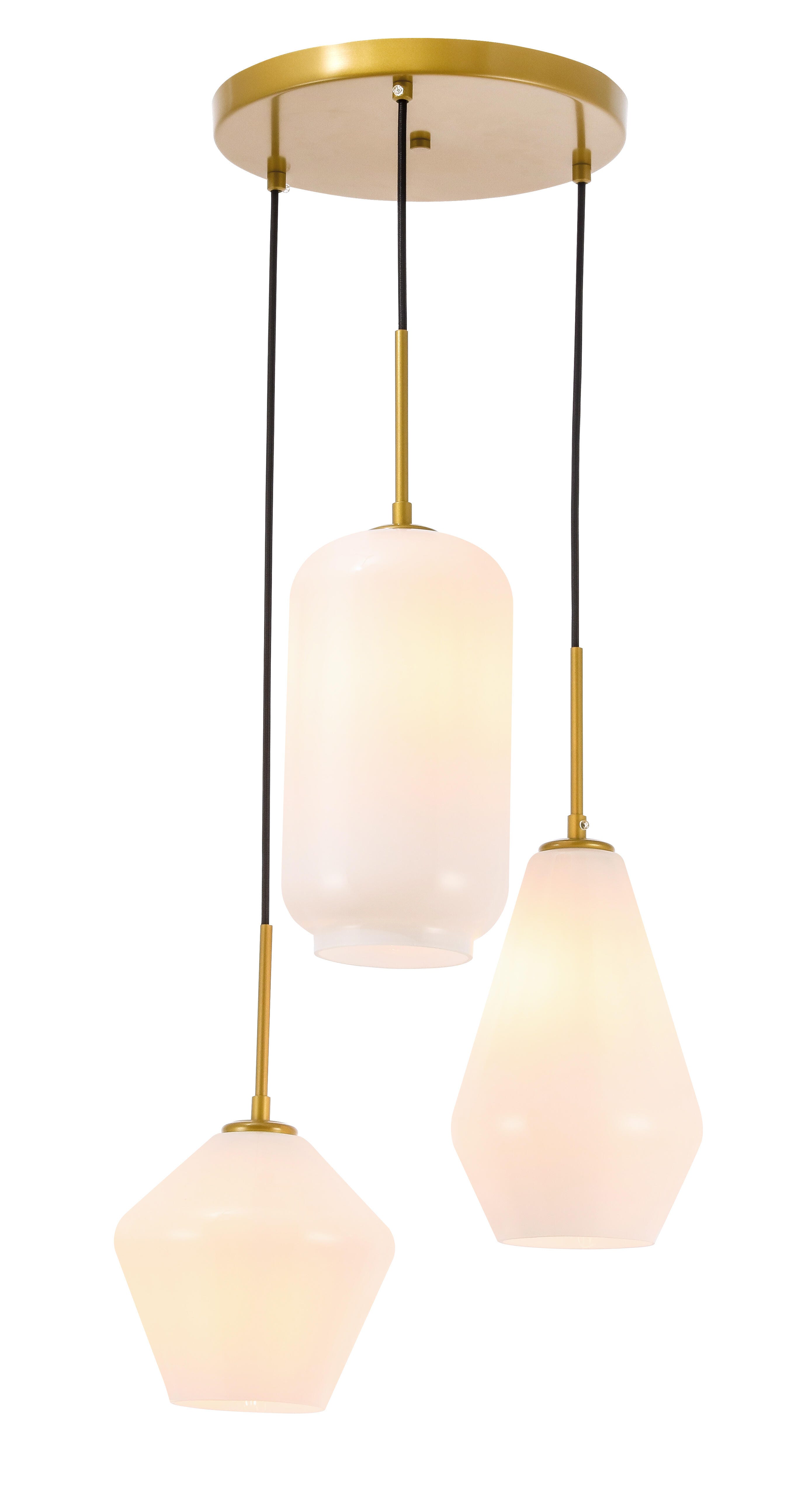 Living District Gene 3 Light Brass And Frosted White Glass Pendant, Brass/Frosted White, large