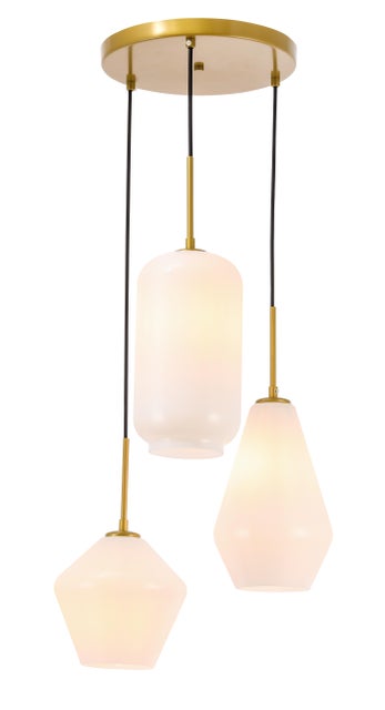 Living District Gene 3 Light Brass And Frosted White Glass Pendant, Brass/Frosted White