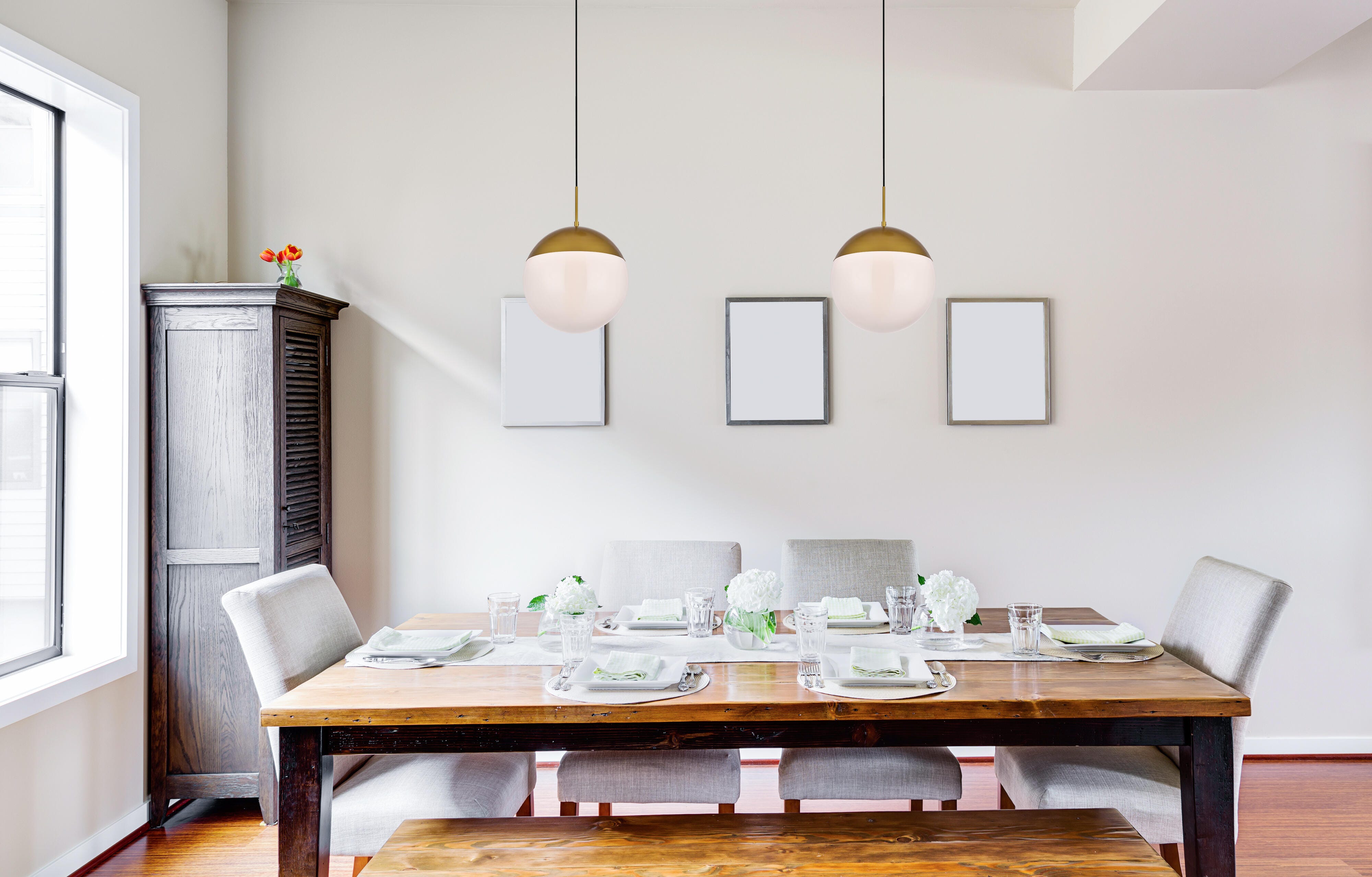 Living District Eclipse 1 Light Brass Pendant With Frosted White Glass, Brass/Frosted White, rollover