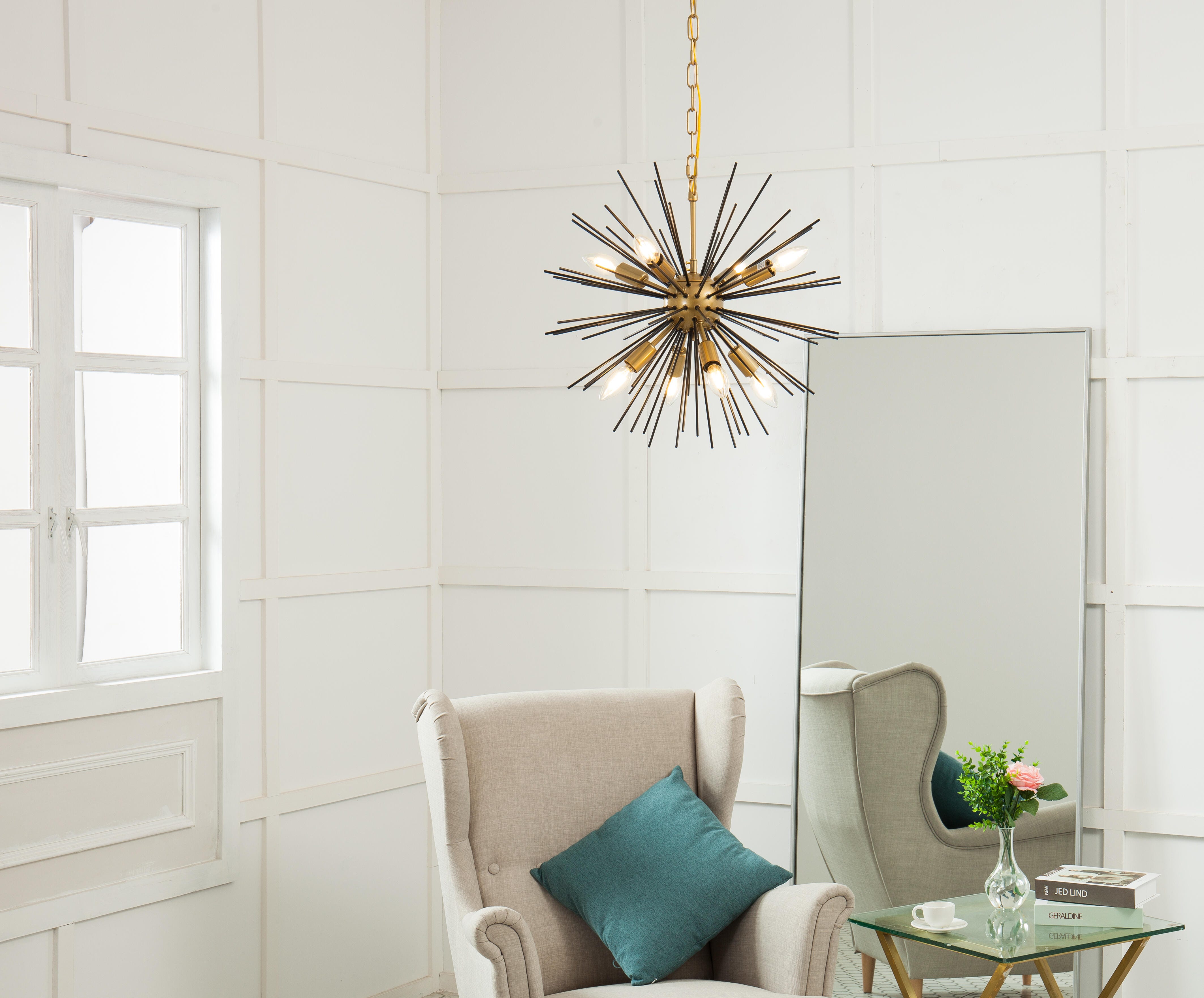 Living District Timber 8 Light Brass And Black Pendant, Brass/Black, rollover